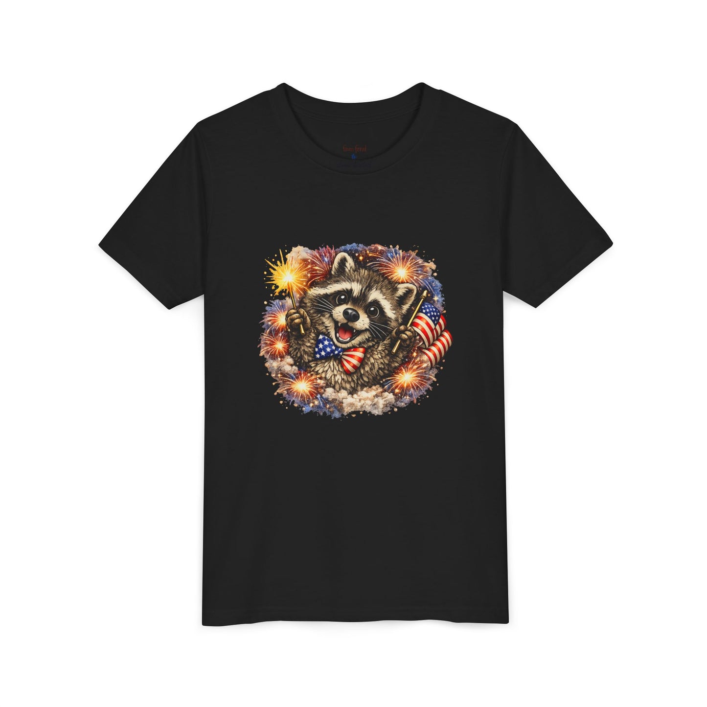Patriotic Raccoon Youth Tee — Raccoon with American Flag & Fireworks