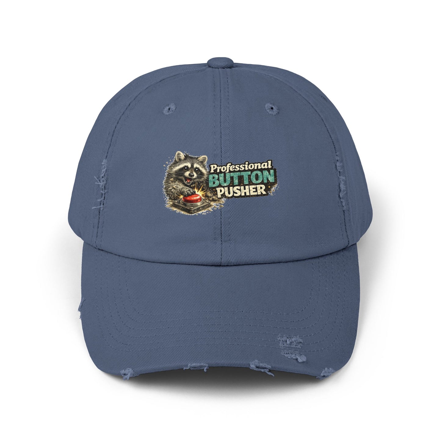 Button Pusher Distressed Cap — Raccoon Mom/Dad Funny Dad Hat