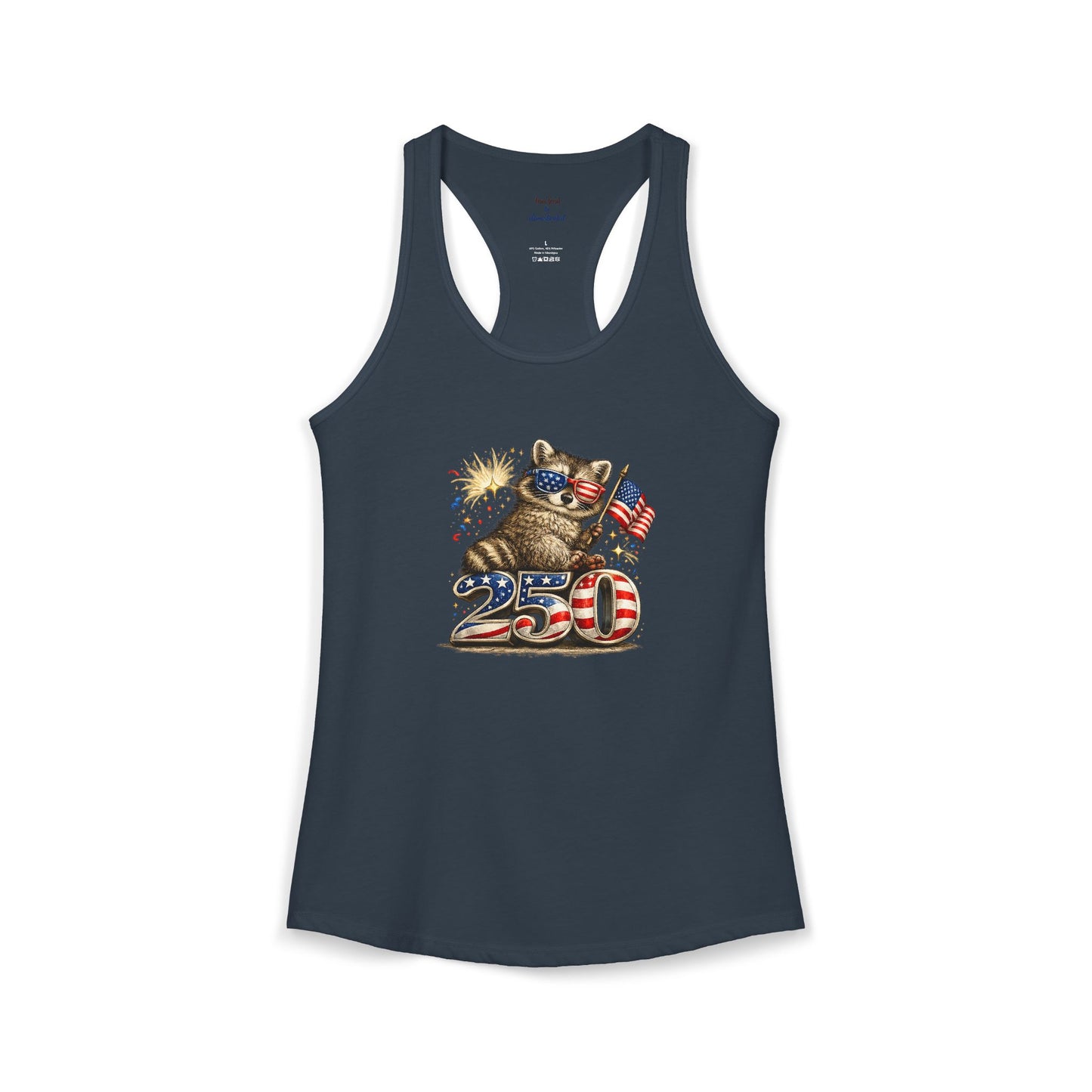 Patriotic Raccoon 4th of July Tank — Raccoon on 250 with Flag & Fireworks Racerback Tank