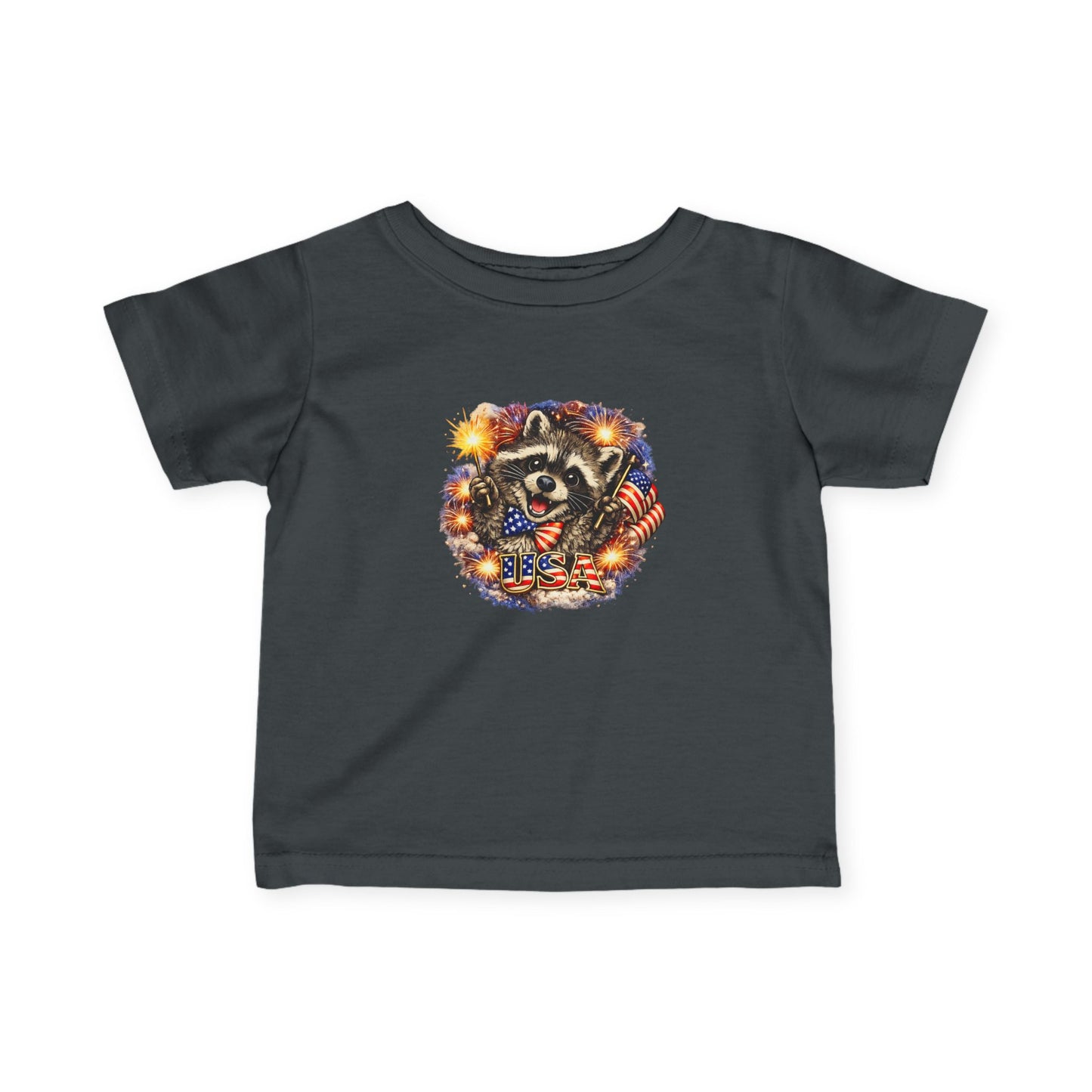 Infant Tee — Adorable Raccoon Holding American Flag "250" — 4th of July Baby Shirt