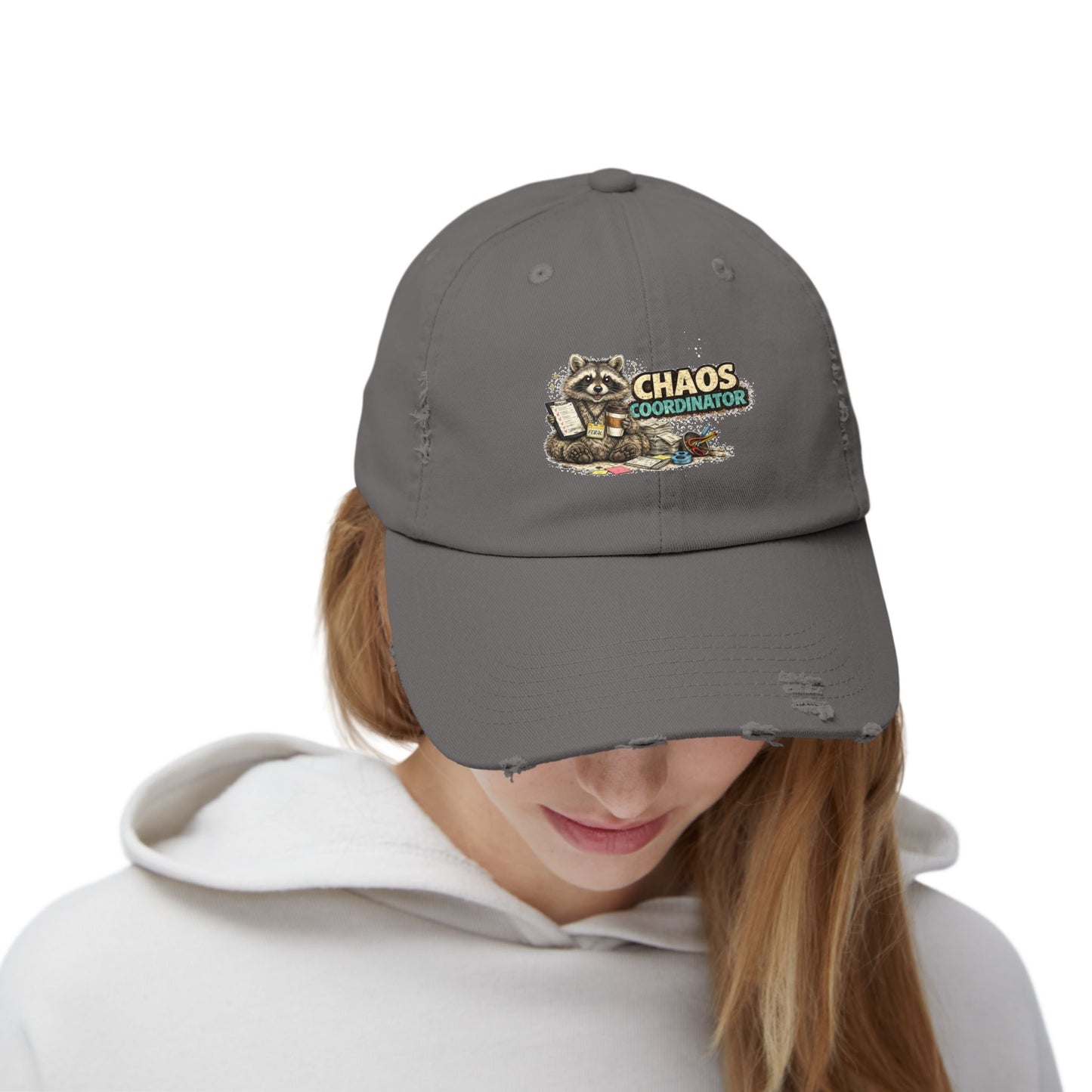 Chaos Coordinator Distressed Cap — Raccoon Mom/Dad Funny Dad Hat