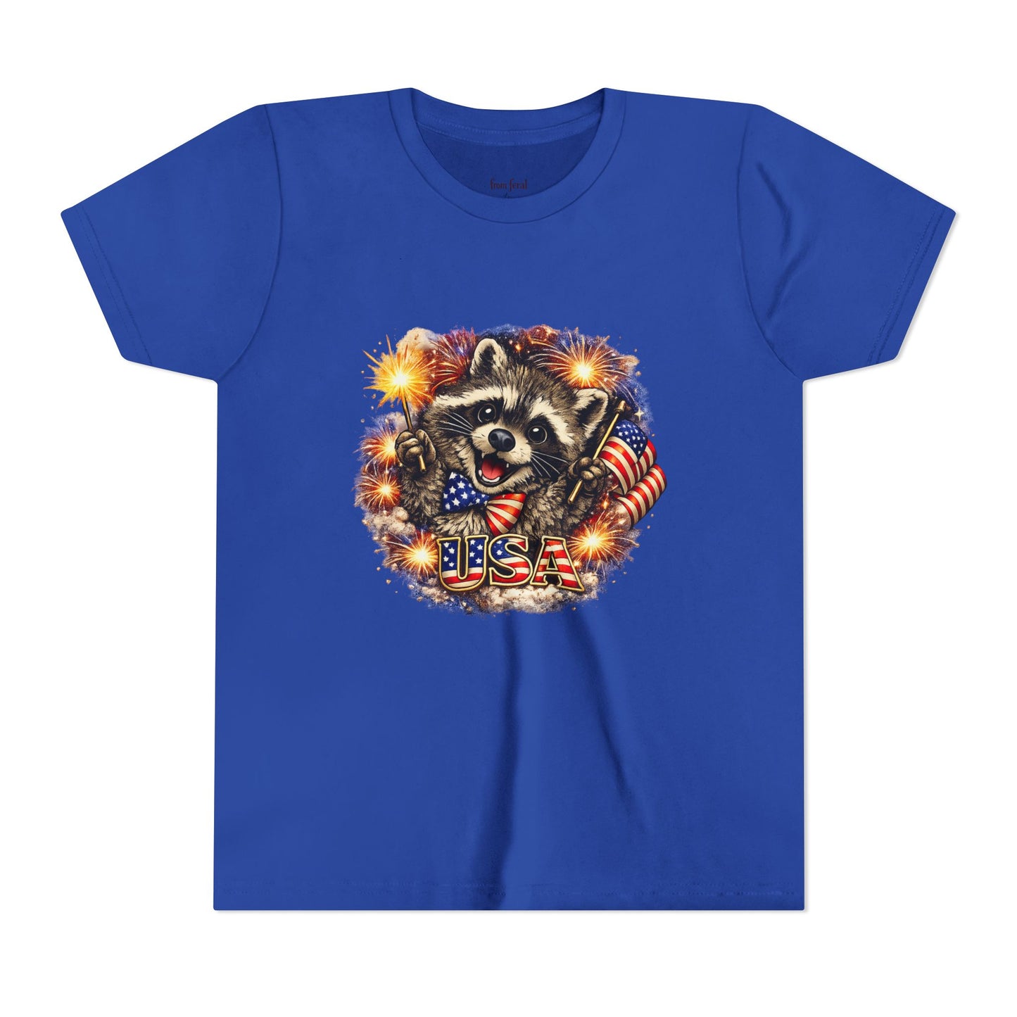 Patriotic Raccoon Youth Tee — Raccoon with American Flag & Fireworks
