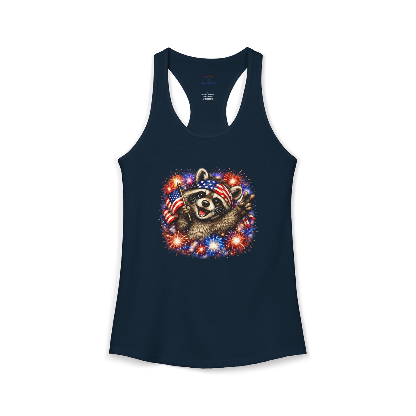 Patriotic Raccoon 4th of July Tank — Raccoon with Flag & Fireworks Racerback Tank
