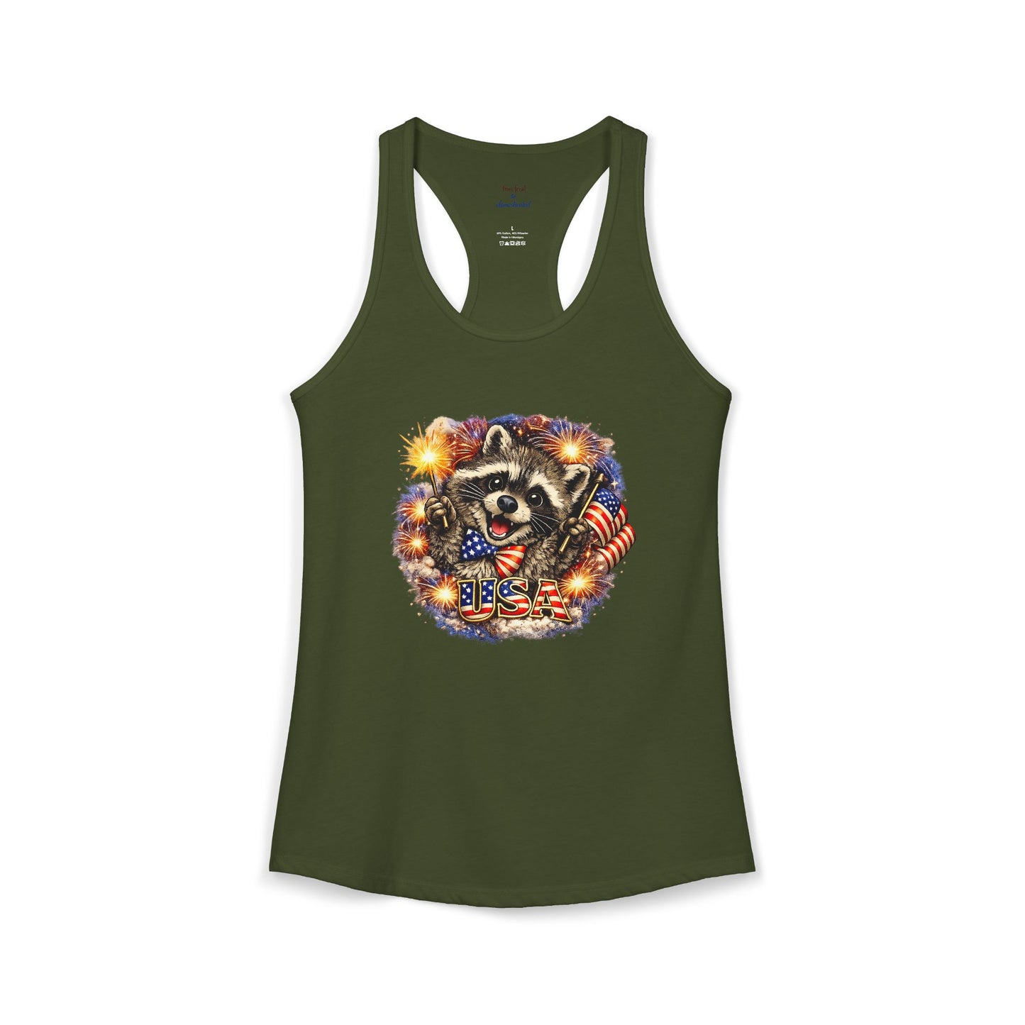 Patriotic Raccoon 4th of July Tank — Raccoon on 250 with Flag & Fireworks Racerback Tank
