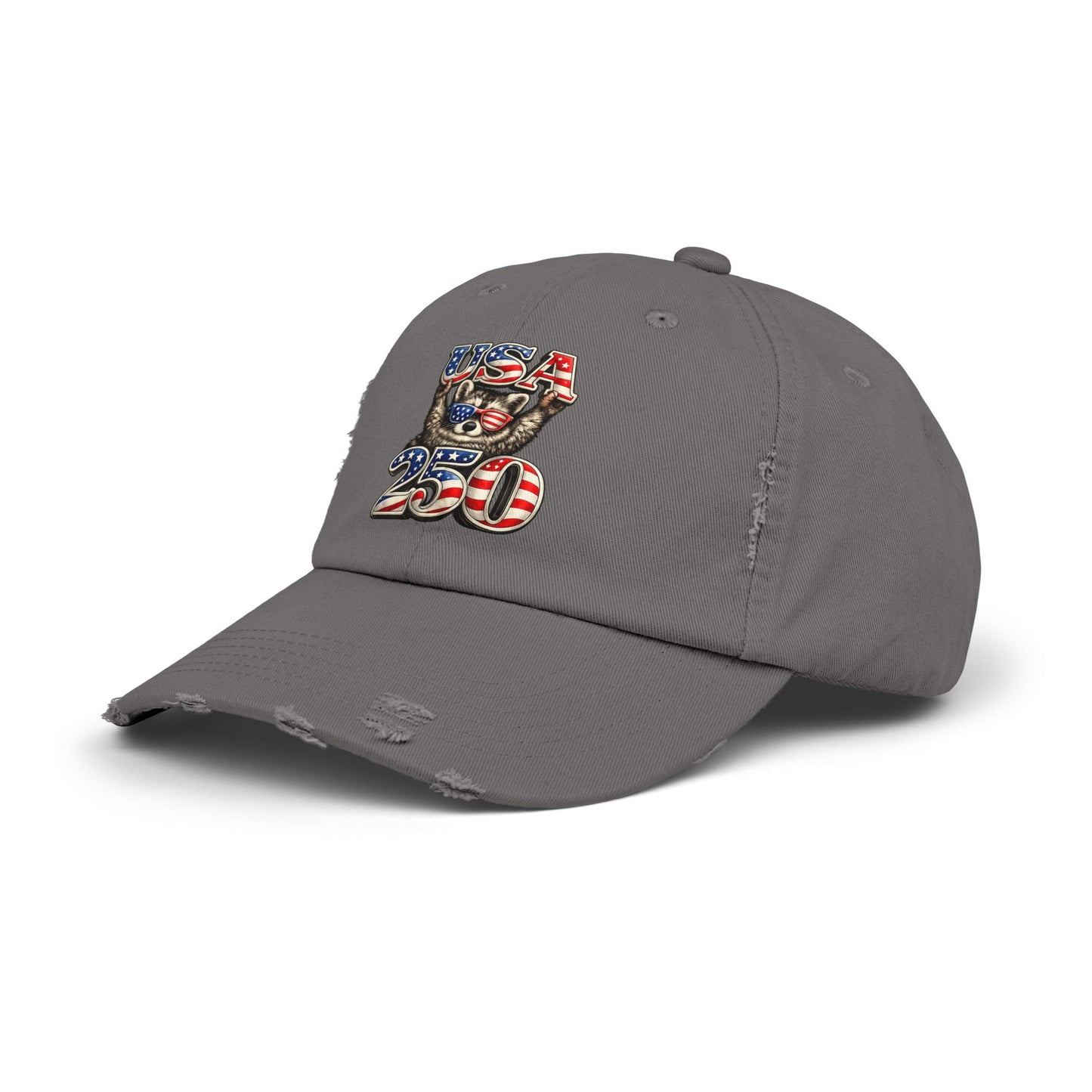 Patriotic Raccoon 250 Cap — Fireworks & Flag Distressed Baseball Hat