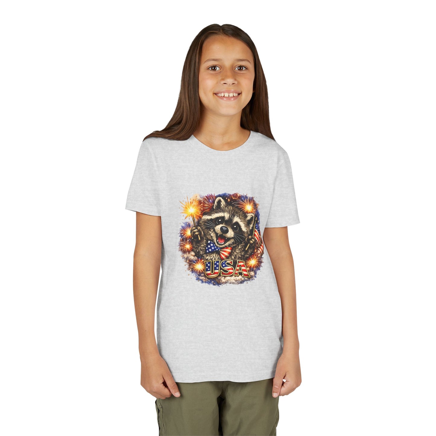 Patriotic Raccoon Youth Tee — Raccoon with American Flag & Fireworks