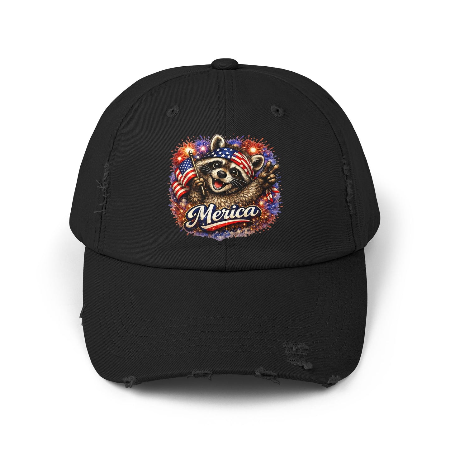 Patriotic Raccoon 250 Cap — Fireworks & Flag Distressed Baseball Hat