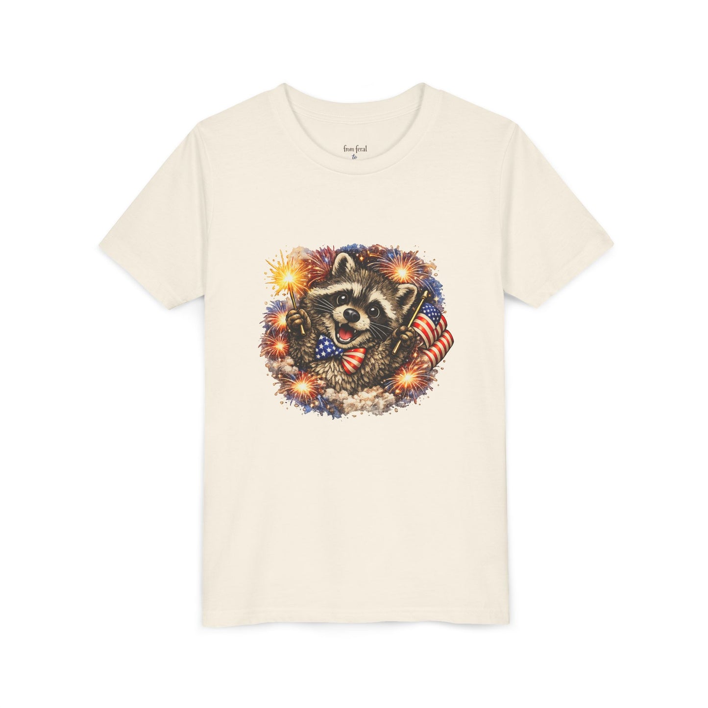 Patriotic Raccoon Youth Tee — Raccoon with American Flag & Fireworks