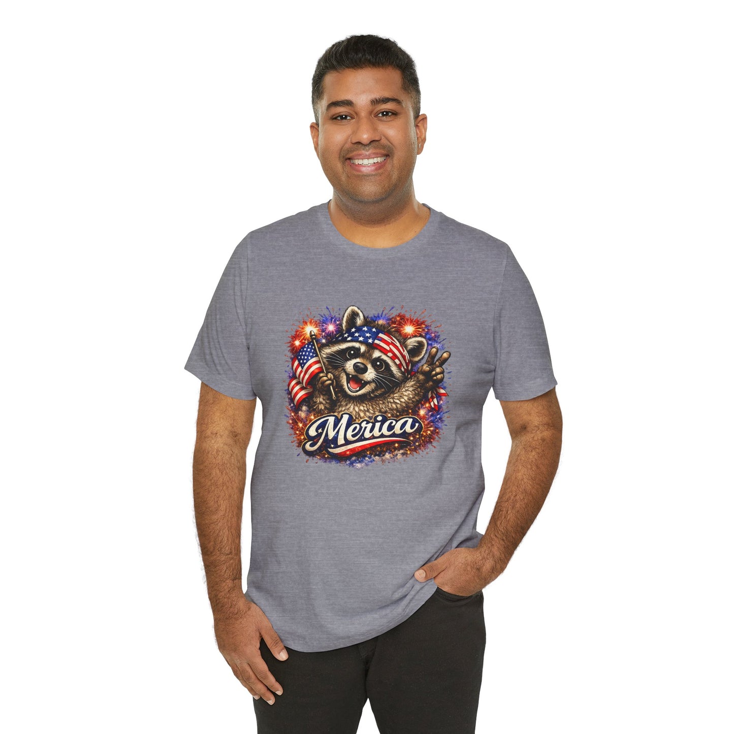 Patriot Raccoon 250th Anniversary T-Shirt — 4th of July Fireworks Flag Tee