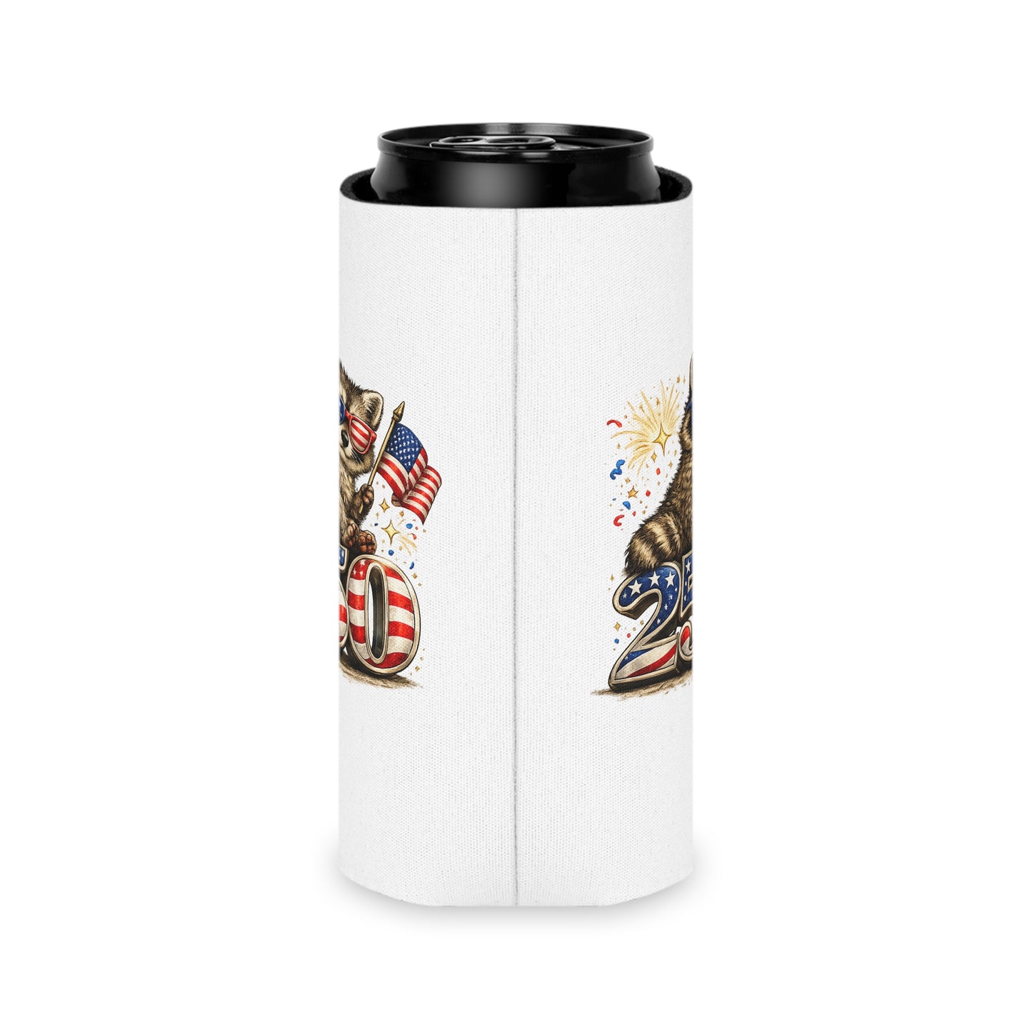 Patriotic Raccoon 250 Can Cooler – USA Flag, 4th of July Drink Koozie