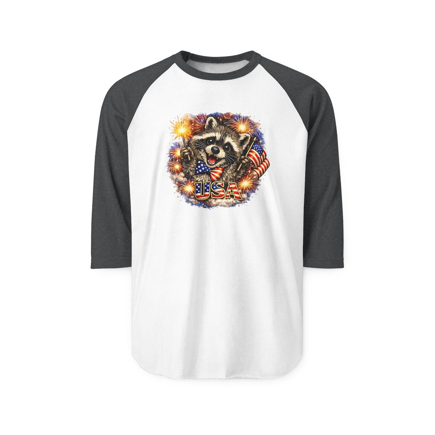 Patriotic Raccoon 250 Raglan Shirt — Fourth of July Fireworks Tee