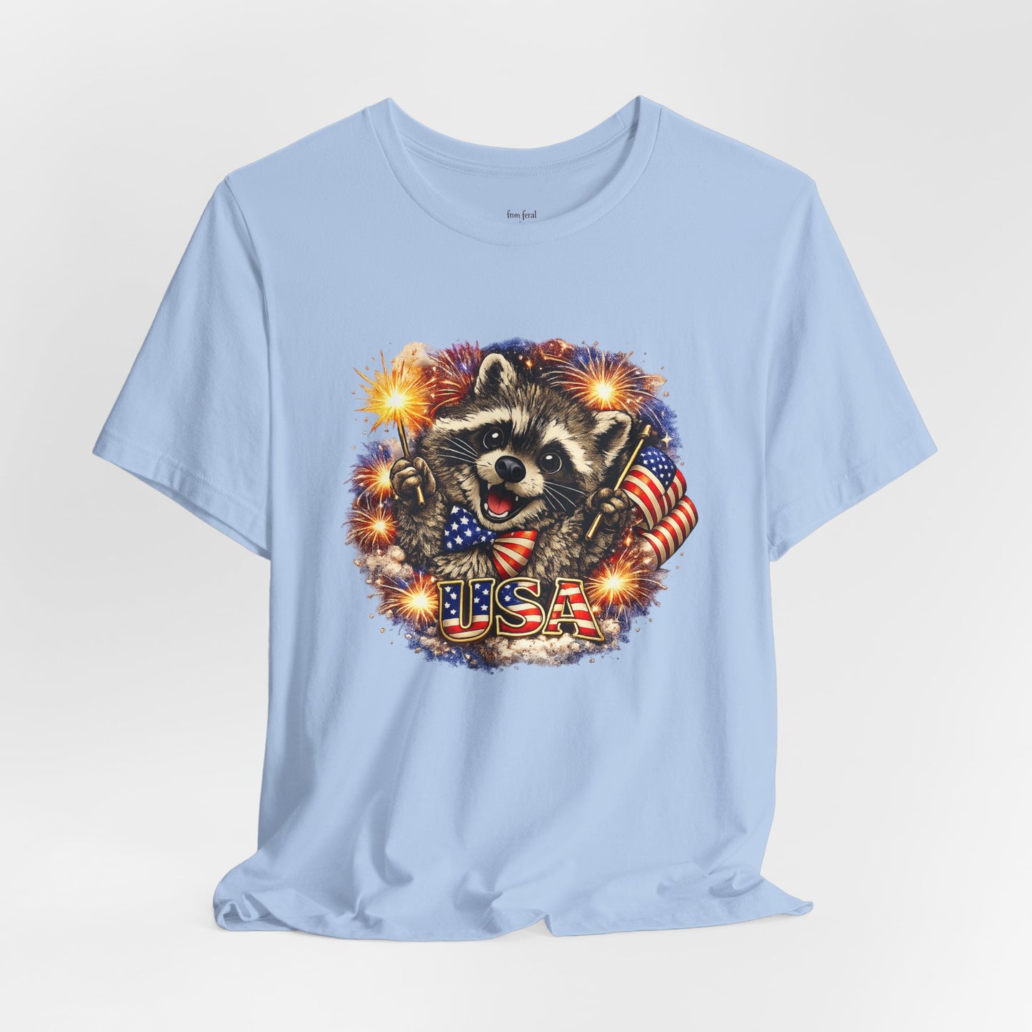 Patriot Raccoon 250th Anniversary T-Shirt — 4th of July Fireworks Flag Tee