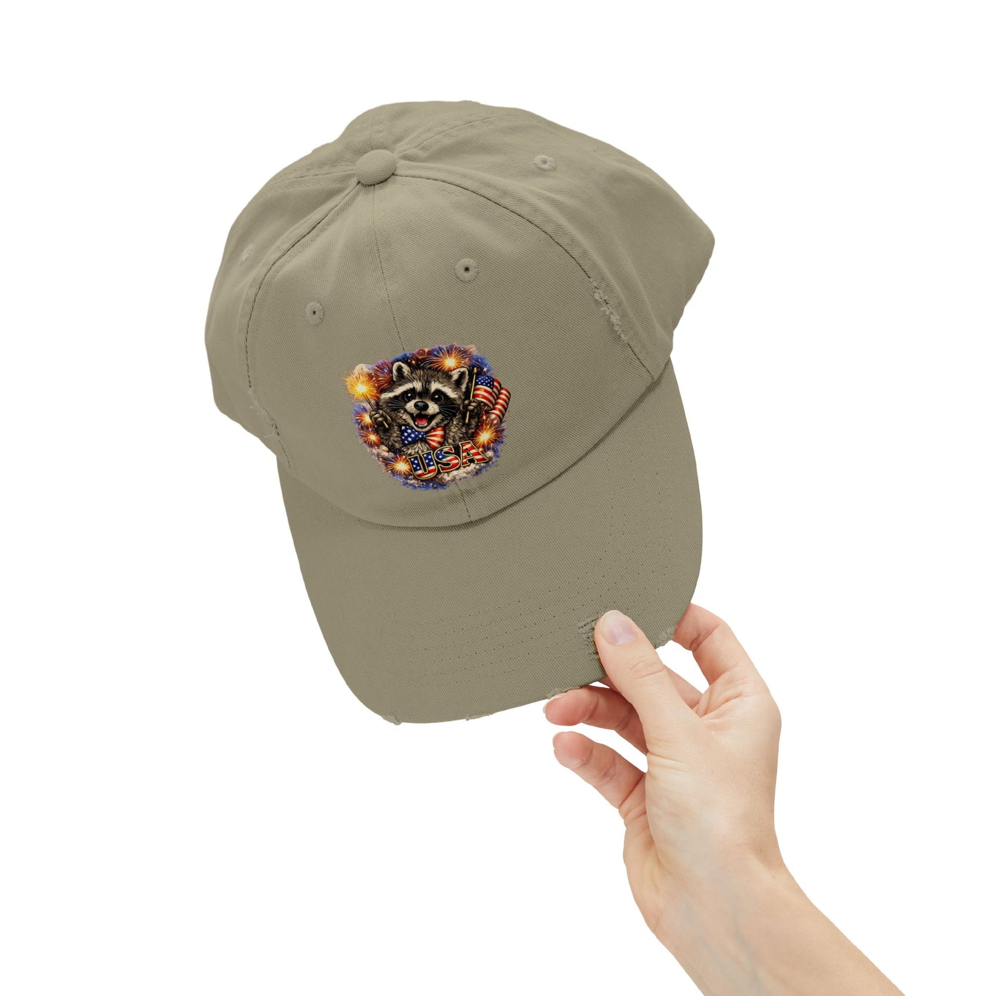 Patriotic Raccoon 250 Cap — Fireworks & Flag Distressed Baseball Hat