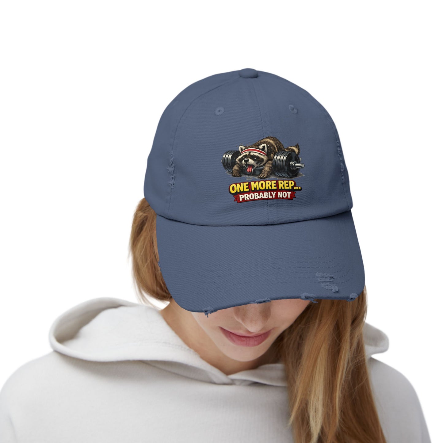 One More Rep Distressed Cap — Raccoon Mom/Dad Funny Dad Hat