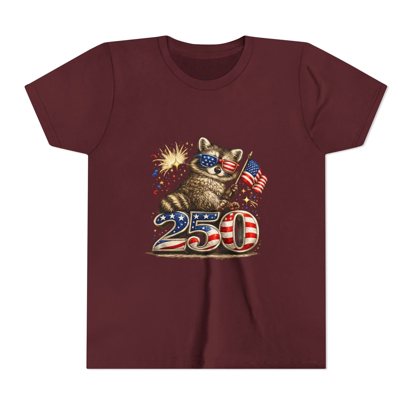 Patriotic Raccoon Youth Tee — Raccoon with American Flag & Fireworks