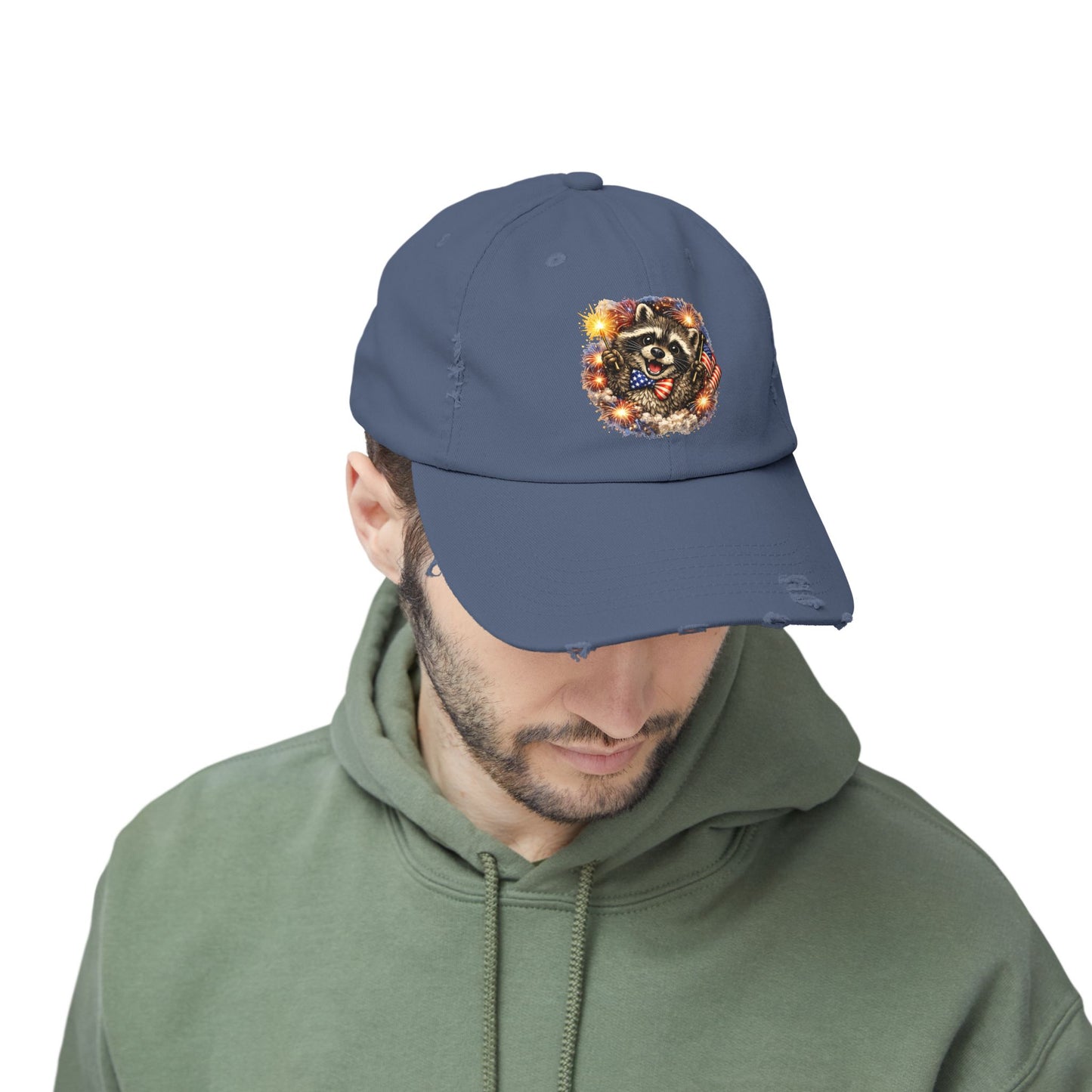 Patriotic Raccoon 250 Cap — Fireworks & Flag Distressed Baseball Hat