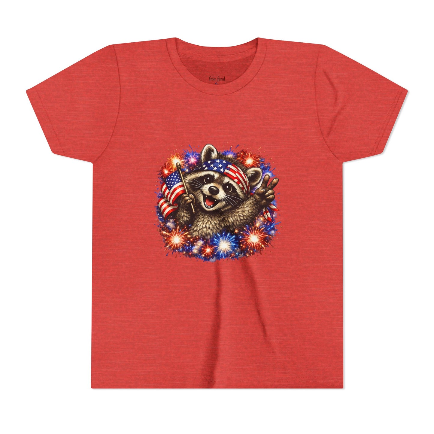 Patriotic Raccoon Youth Tee — Raccoon with American Flag & Fireworks
