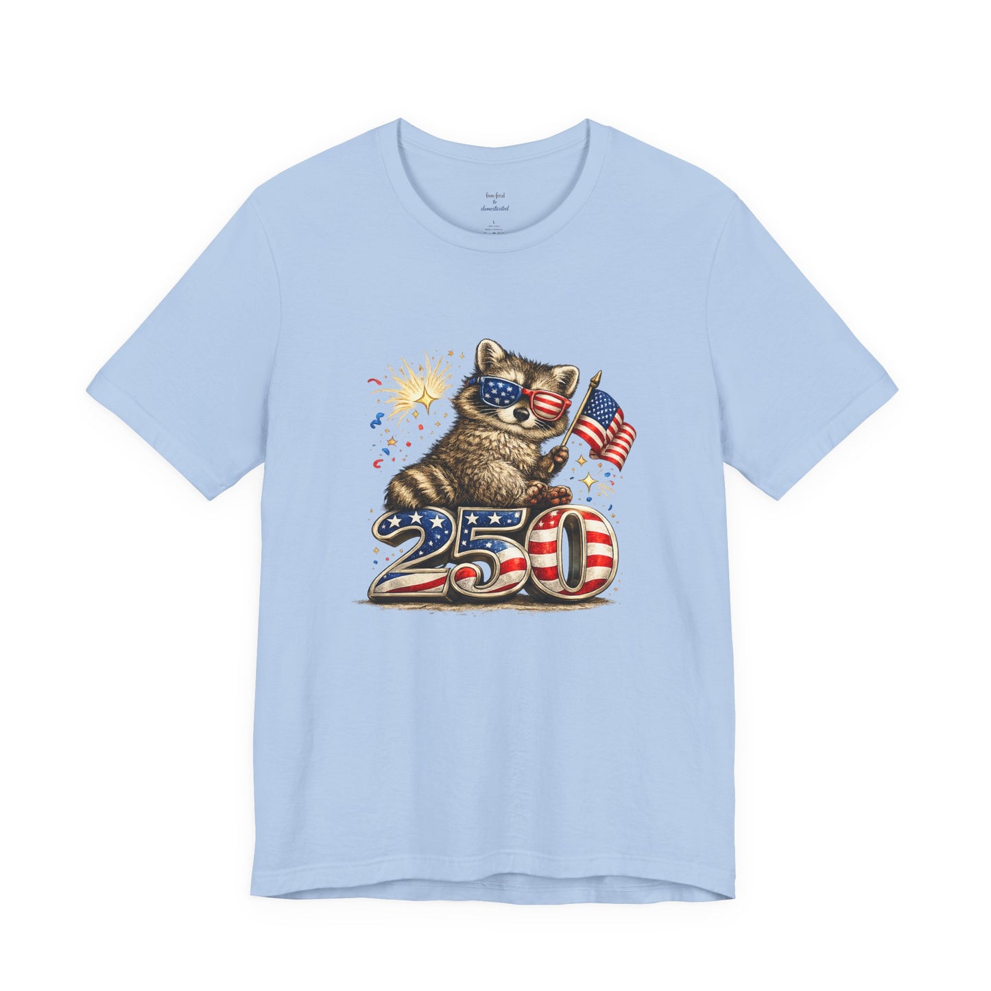 Patriot Raccoon 250th Anniversary T-Shirt — 4th of July Fireworks Flag Tee