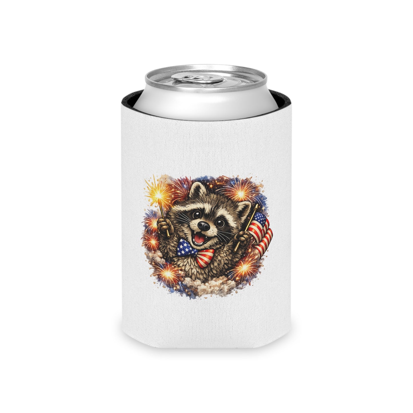 Patriotic Raccoon 250 Can Cooler – USA Flag, 4th of July Drink Koozie
