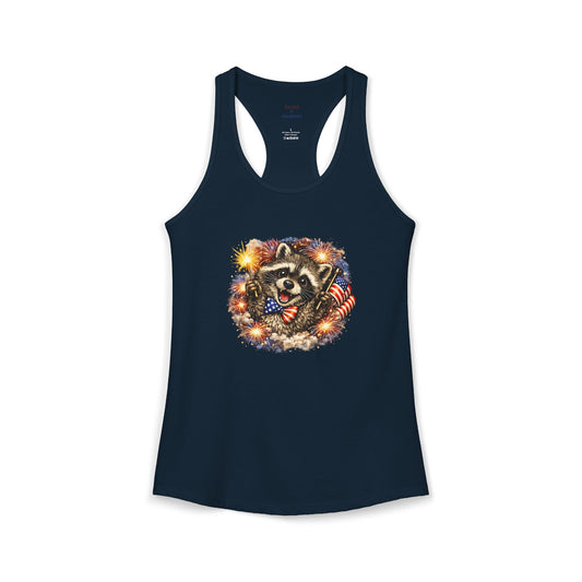 Patriotic Raccoon 4th of July Tank — Raccoon on 250 with Flag & Fireworks Racerback Tank