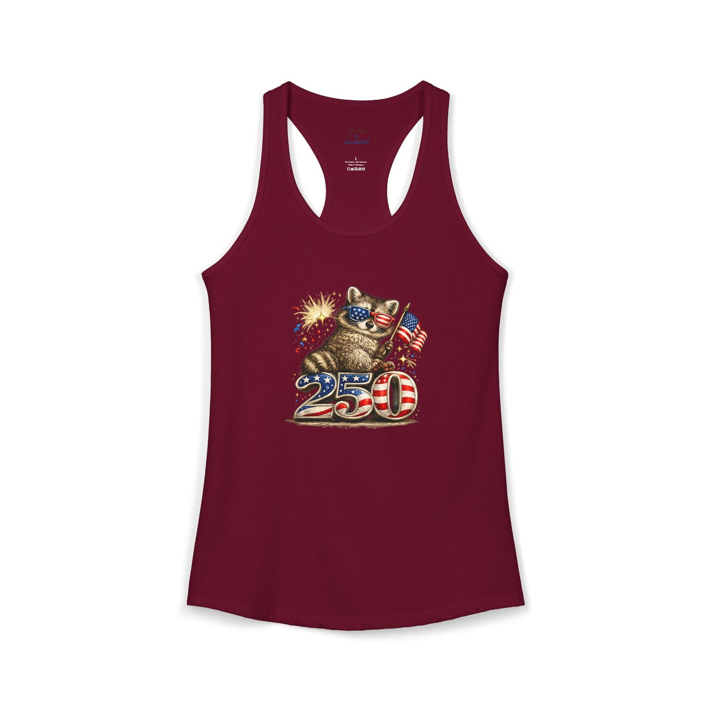 Patriotic Raccoon 4th of July Tank — Raccoon on 250 with Flag & Fireworks Racerback Tank