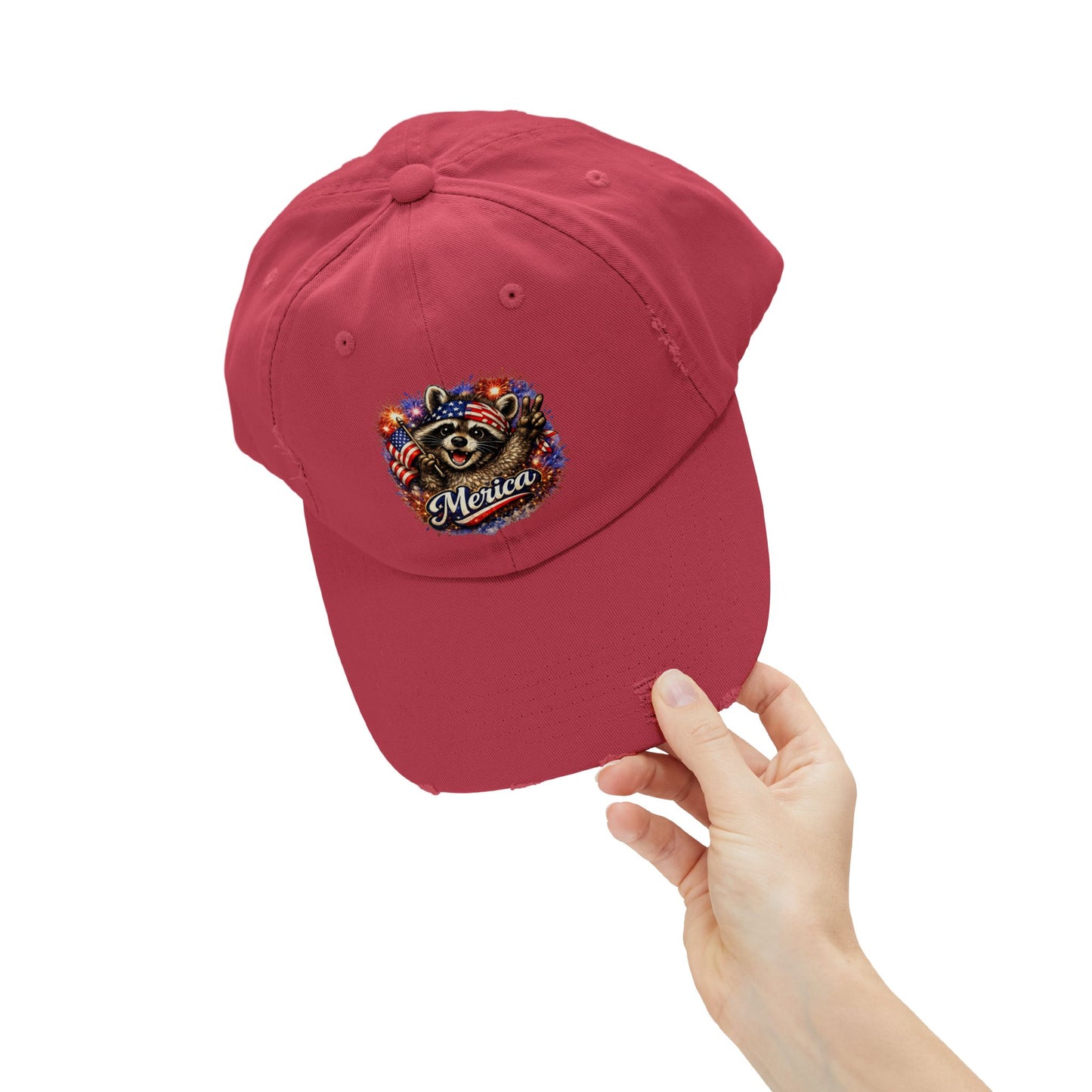 Patriotic Raccoon 250 Cap — Fireworks & Flag Distressed Baseball Hat