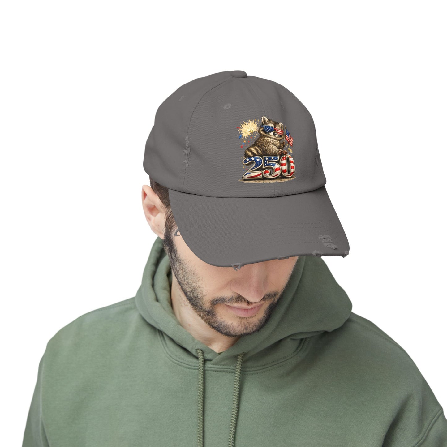 Patriotic Raccoon 250 Cap — Fireworks & Flag Distressed Baseball Hat