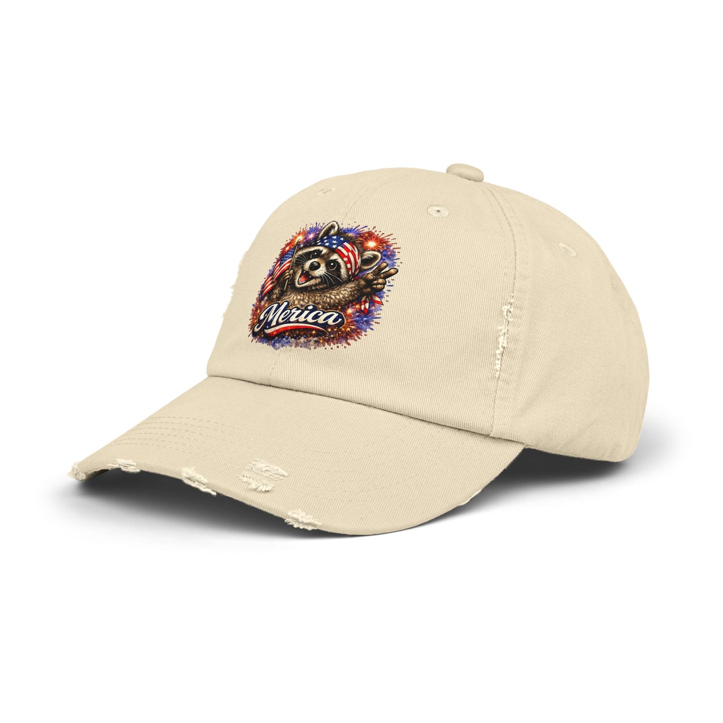 Patriotic Raccoon 250 Cap — Fireworks & Flag Distressed Baseball Hat