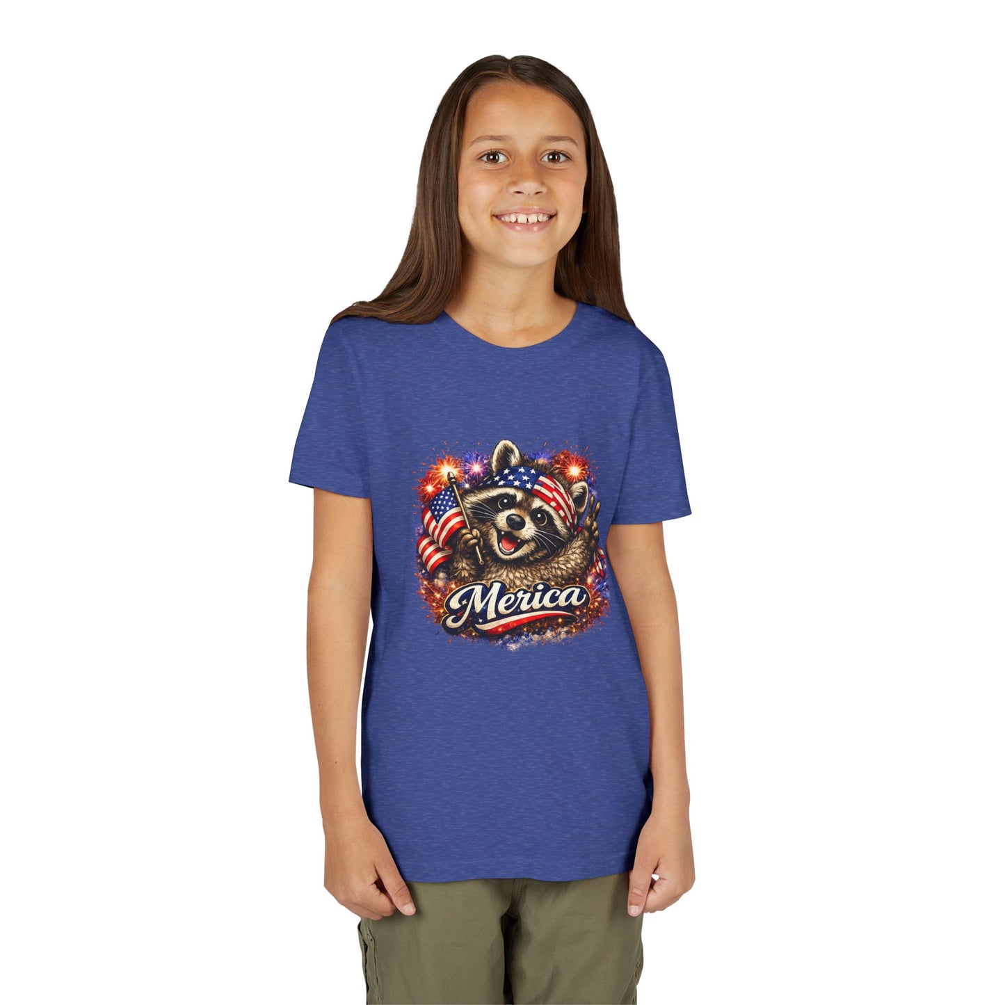 Patriotic Raccoon Youth Tee — Raccoon with American Flag & Fireworks