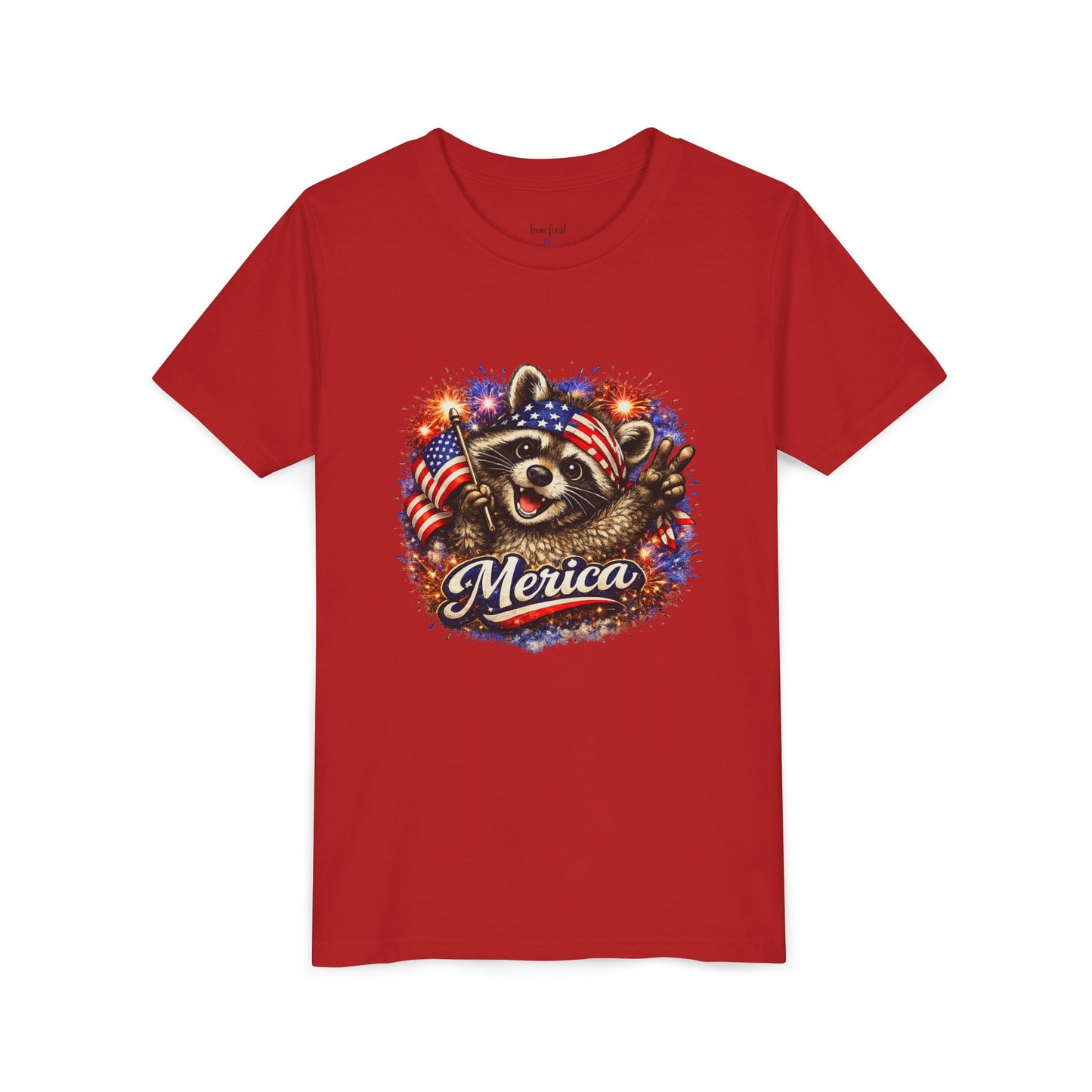 Patriotic Raccoon Youth Tee — Raccoon with American Flag & Fireworks