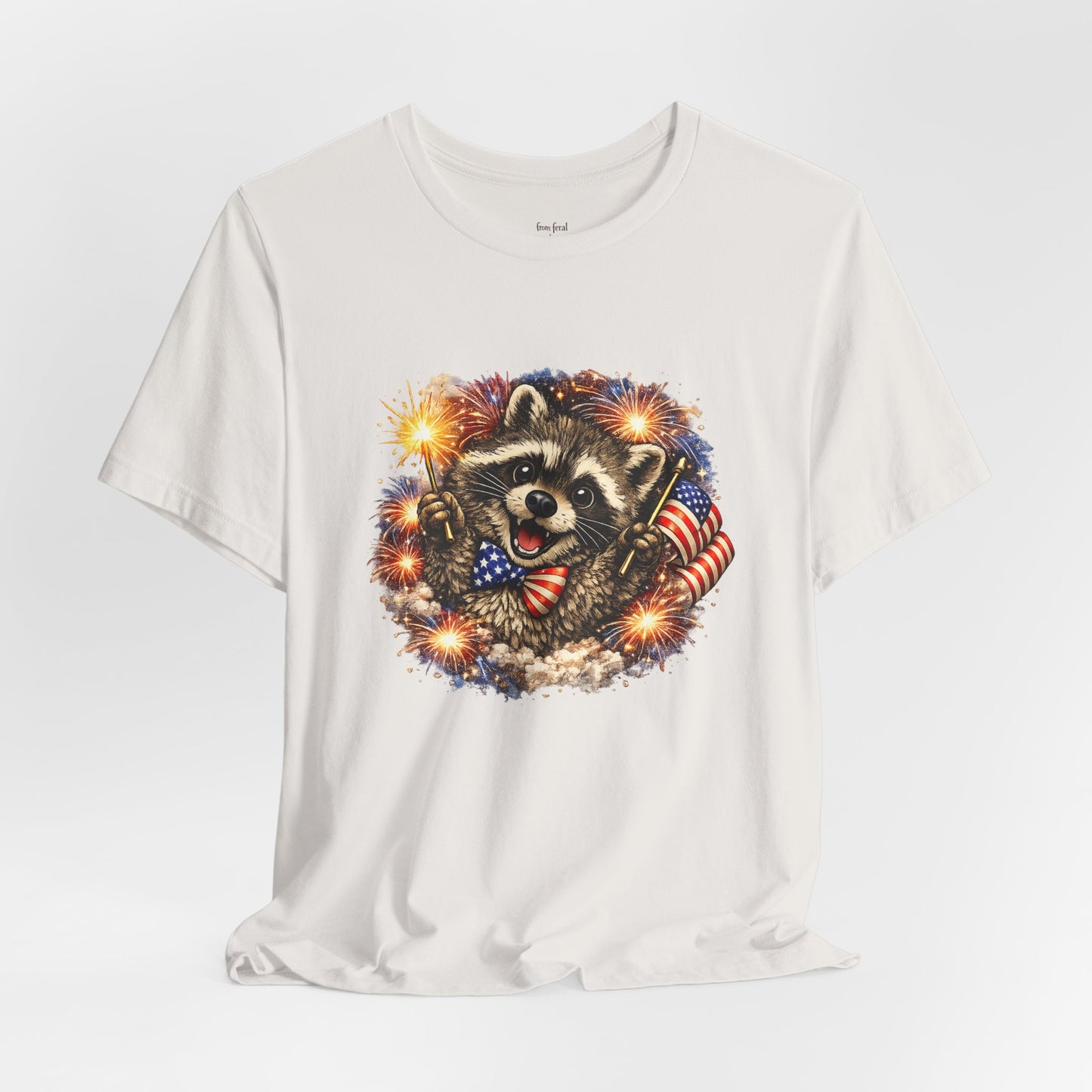 Patriot Raccoon 250th Anniversary T-Shirt — 4th of July Fireworks Flag Tee