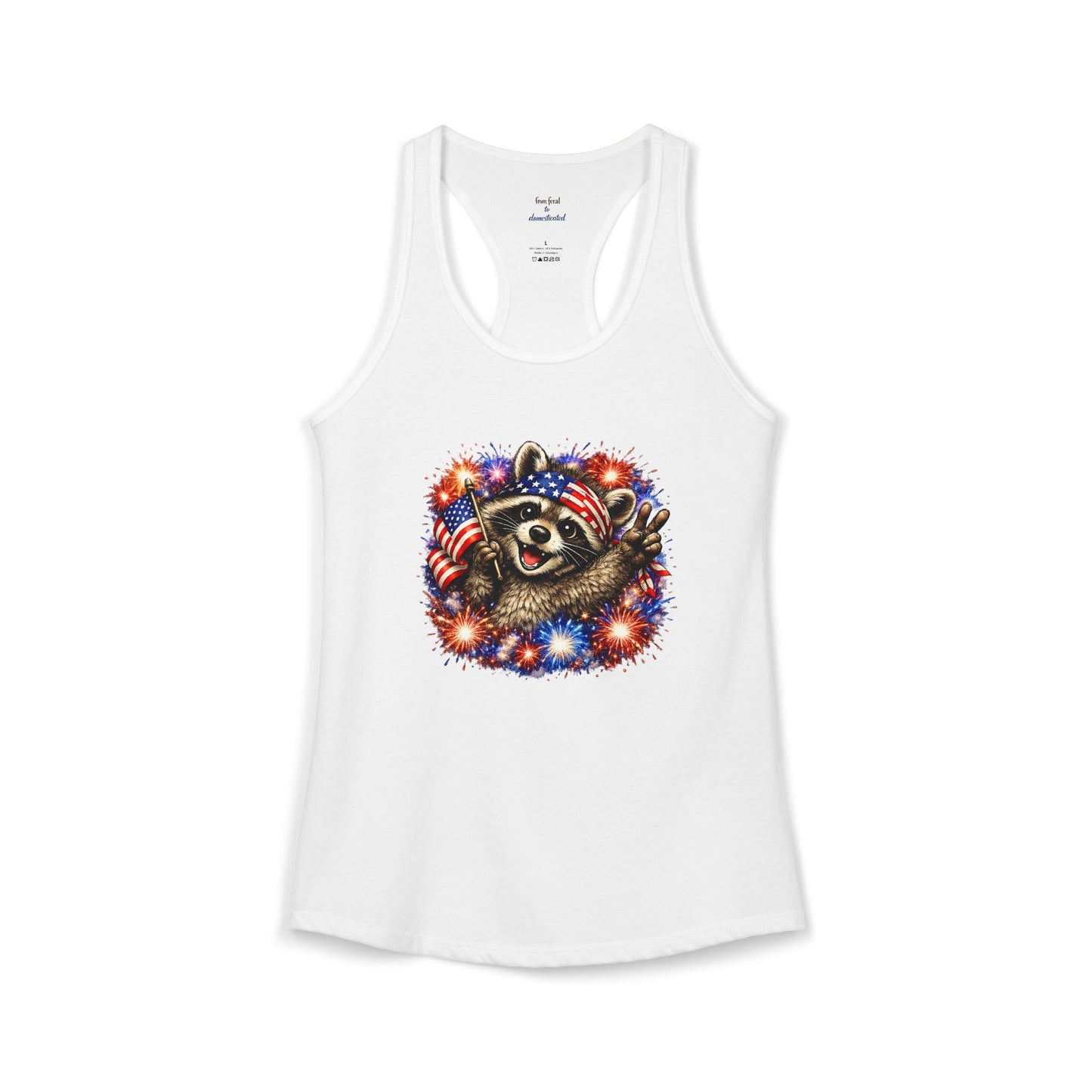 Patriotic Raccoon 4th of July Tank — Raccoon with Flag & Fireworks Racerback Tank