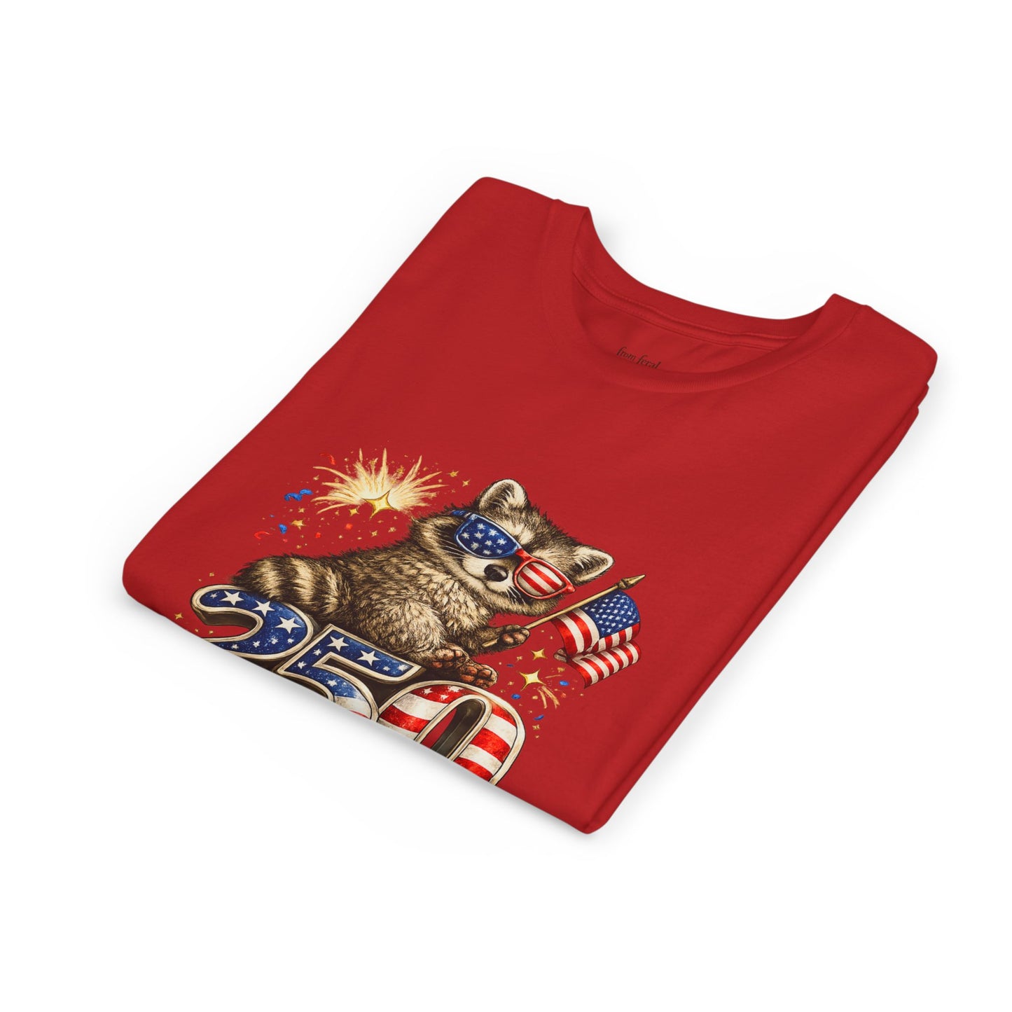 Patriotic Raccoon Youth Tee — Raccoon with American Flag & Fireworks