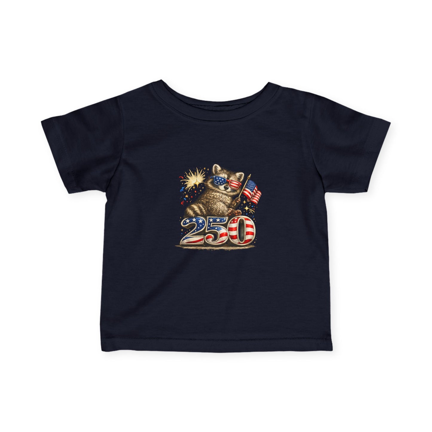 Infant Tee — Adorable Raccoon Holding American Flag "250" — 4th of July Baby Shirt