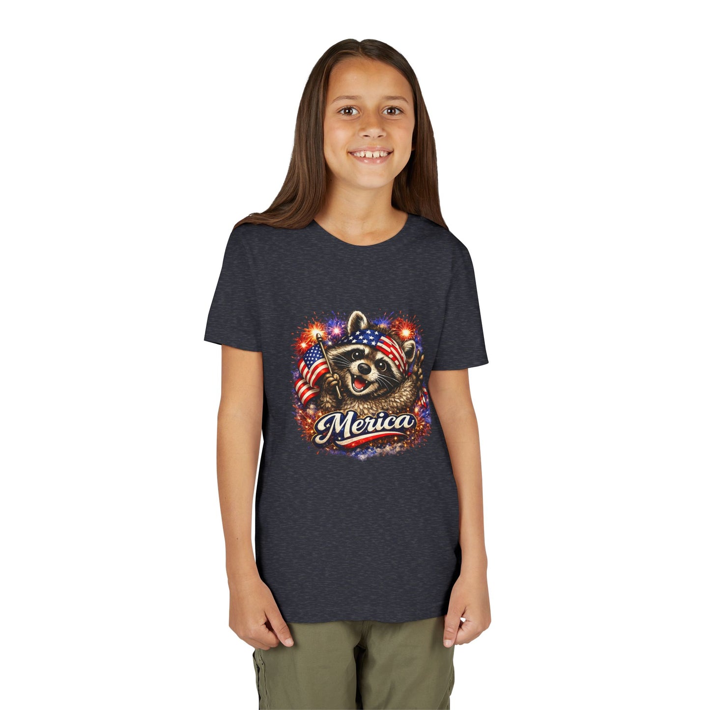 Patriotic Raccoon Youth Tee — Raccoon with American Flag & Fireworks