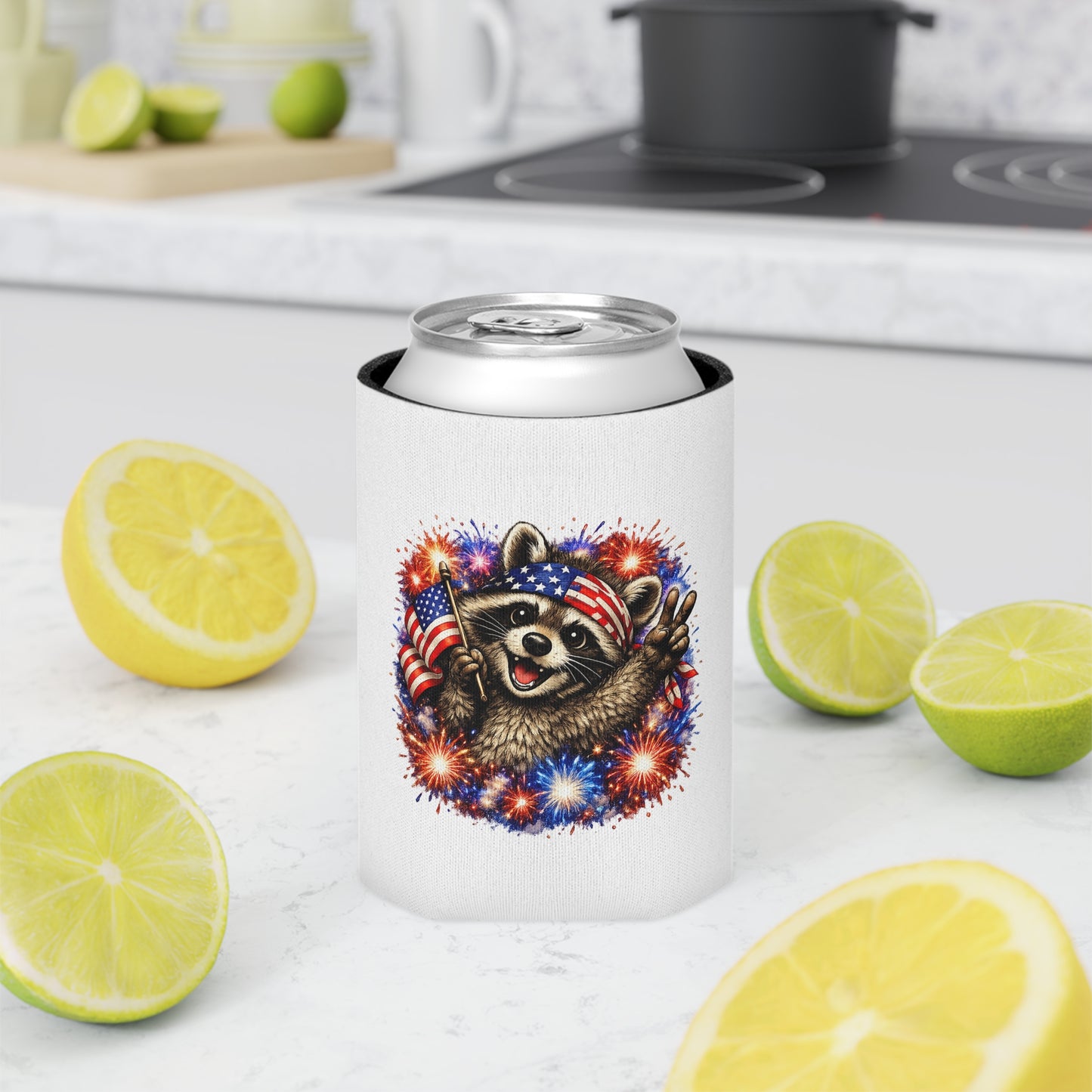 Patriotic Raccoon 250 Can Cooler – USA Flag, 4th of July Drink Koozie