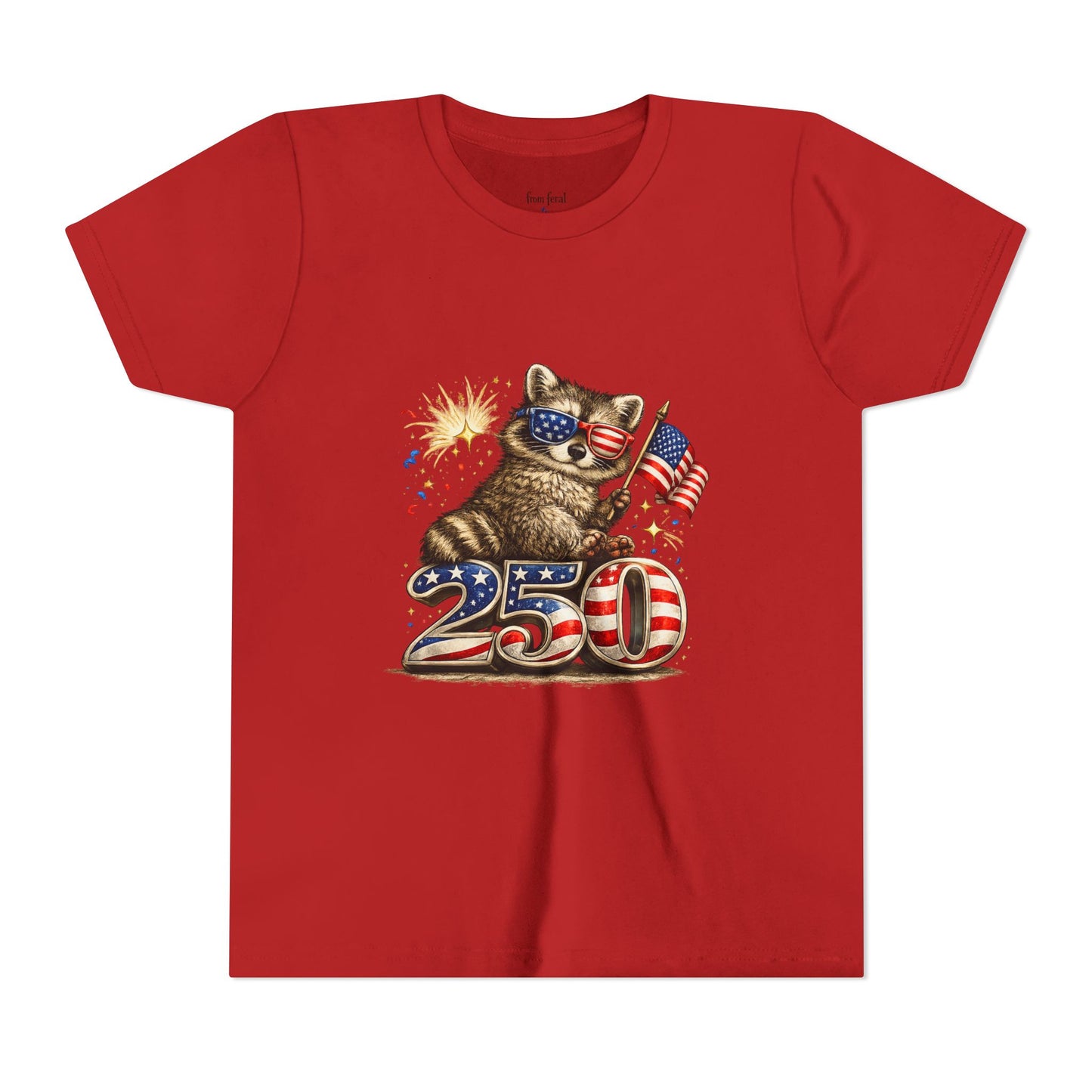 Patriotic Raccoon Youth Tee — Raccoon with American Flag & Fireworks