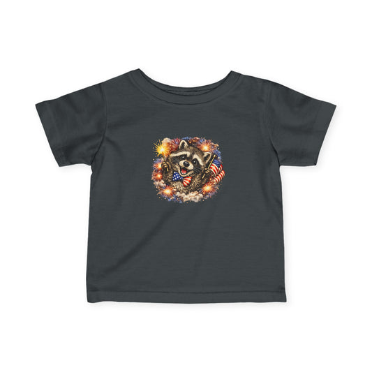 Infant Tee — Adorable Raccoon Holding American Flag "250" — 4th of July Baby Shirt