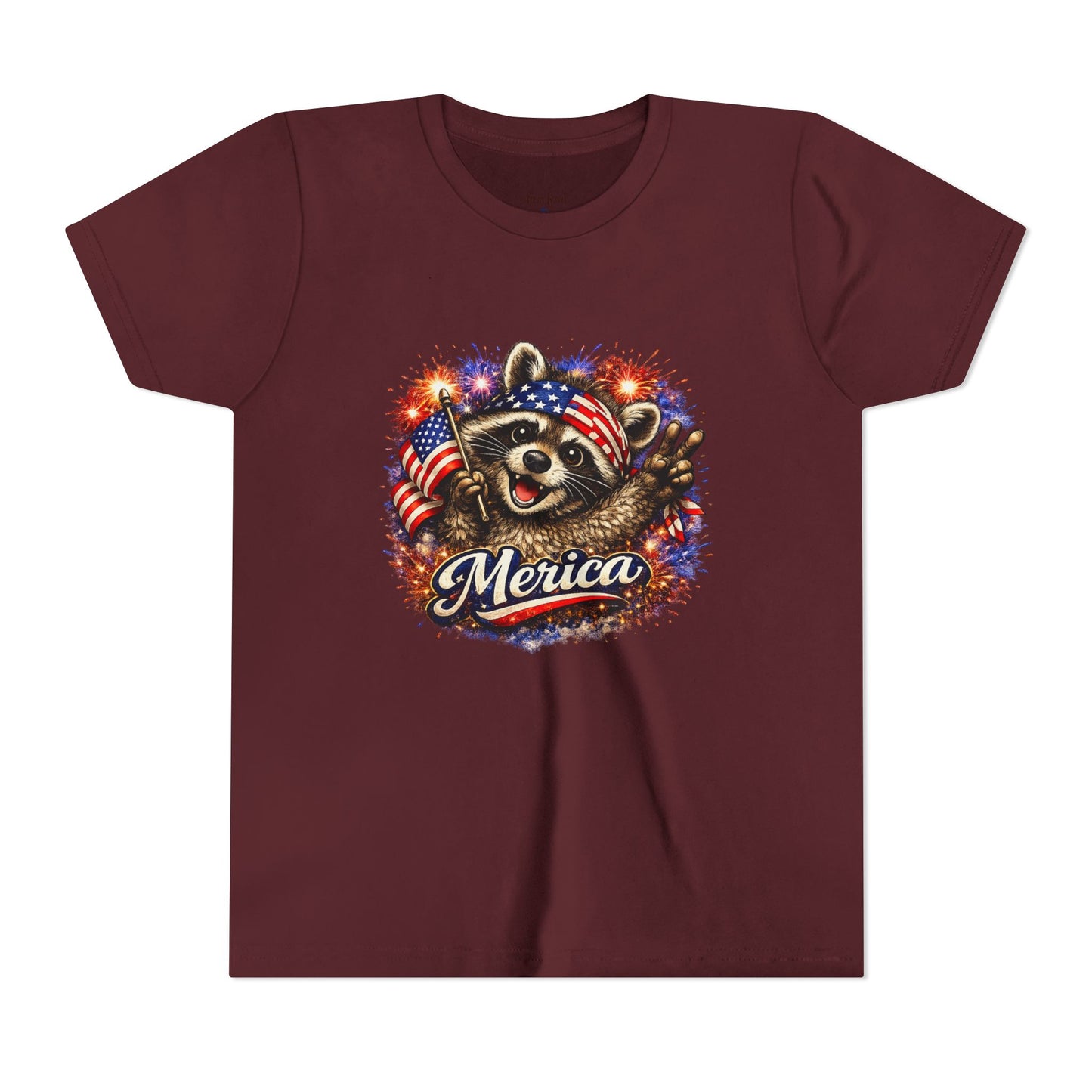 Patriotic Raccoon Youth Tee — Raccoon with American Flag & Fireworks