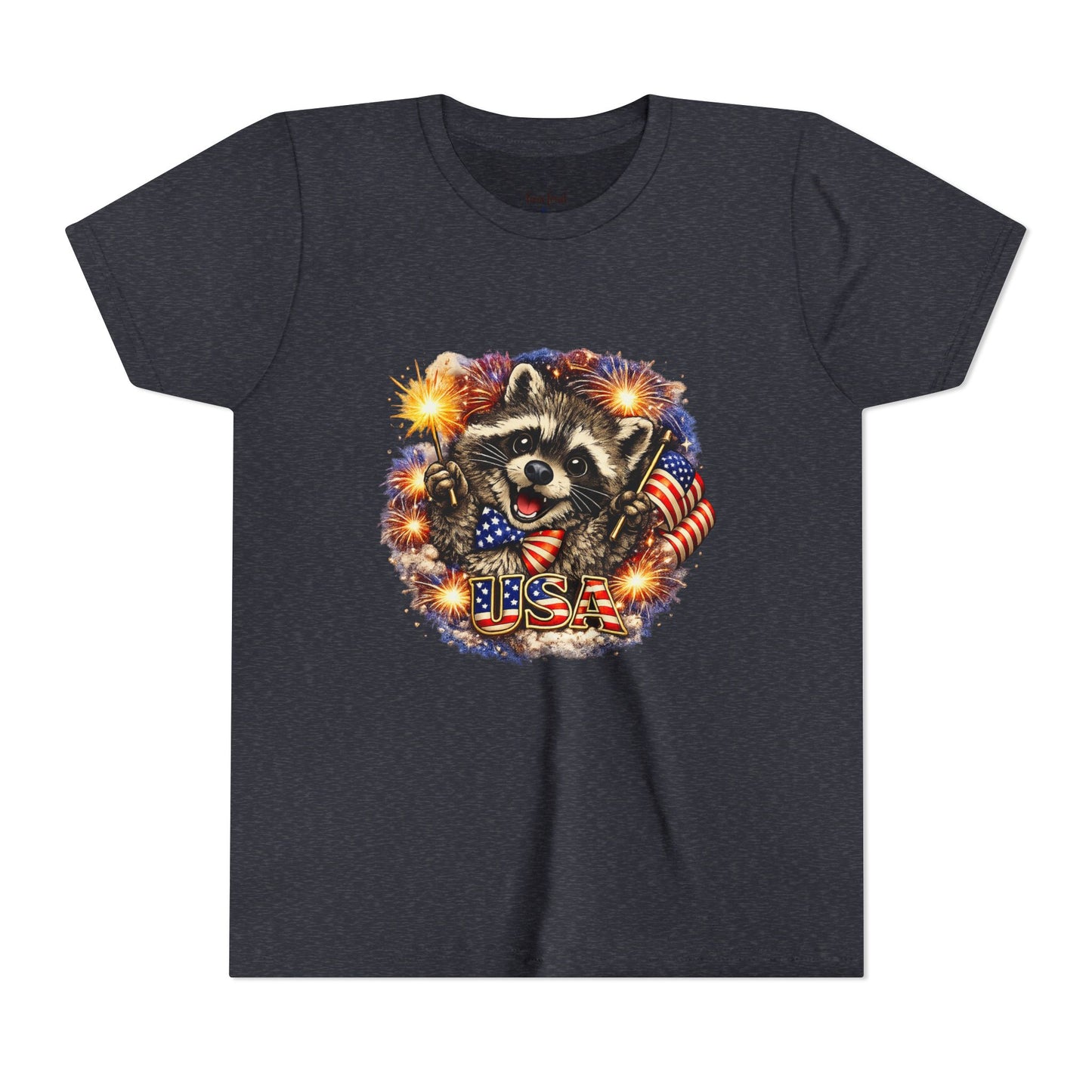 Patriotic Raccoon Youth Tee — Raccoon with American Flag & Fireworks