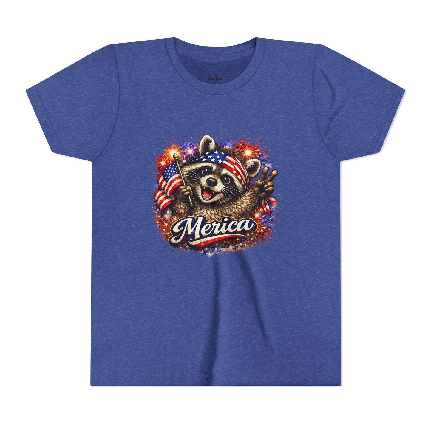 Patriotic Raccoon Youth Tee — Raccoon with American Flag & Fireworks