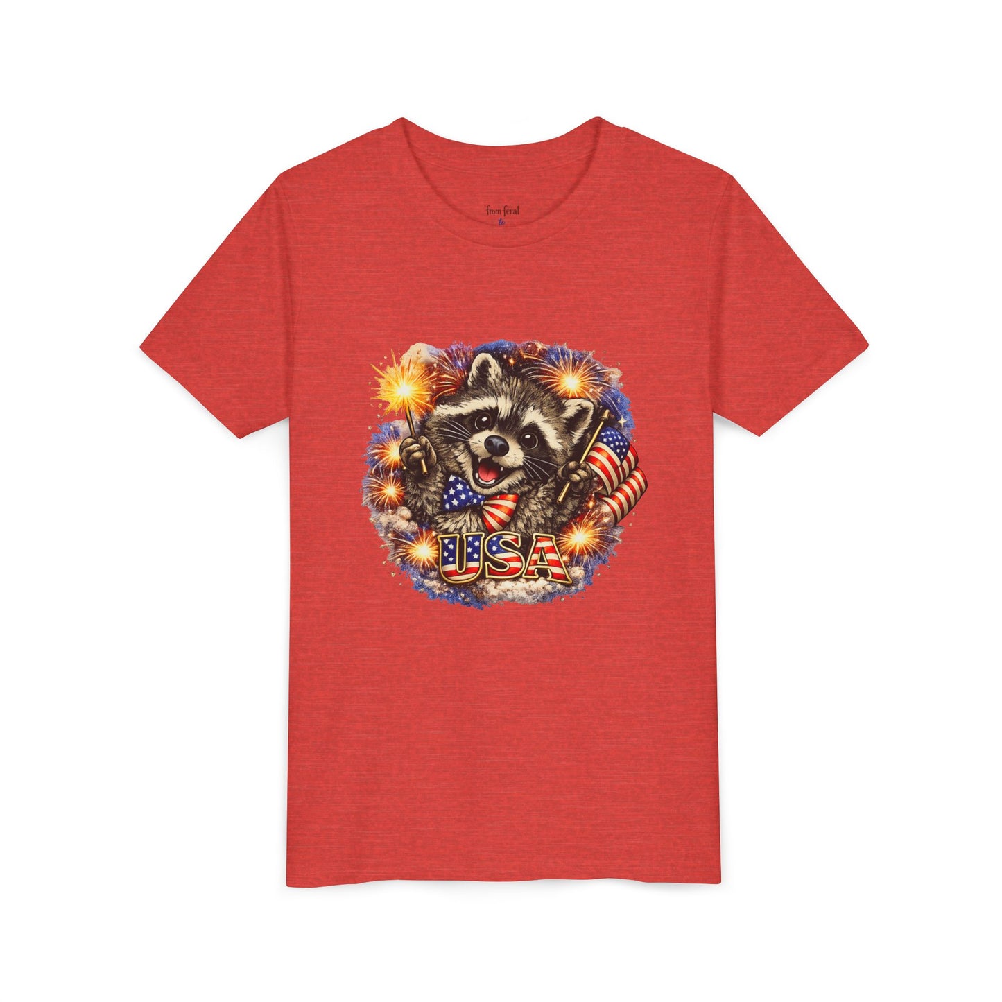 Patriotic Raccoon Youth Tee — Raccoon with American Flag & Fireworks