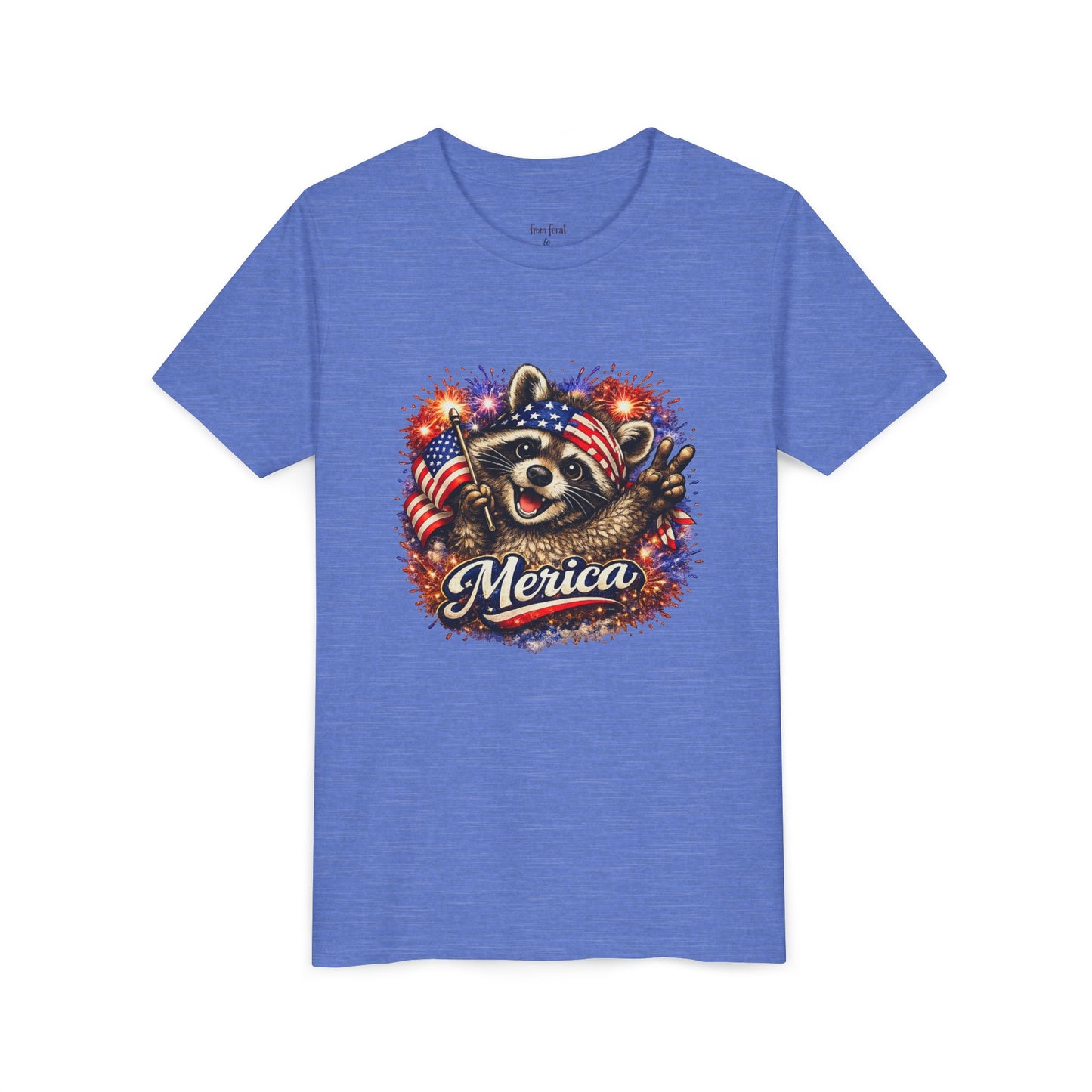 Patriotic Raccoon Youth Tee — Raccoon with American Flag & Fireworks