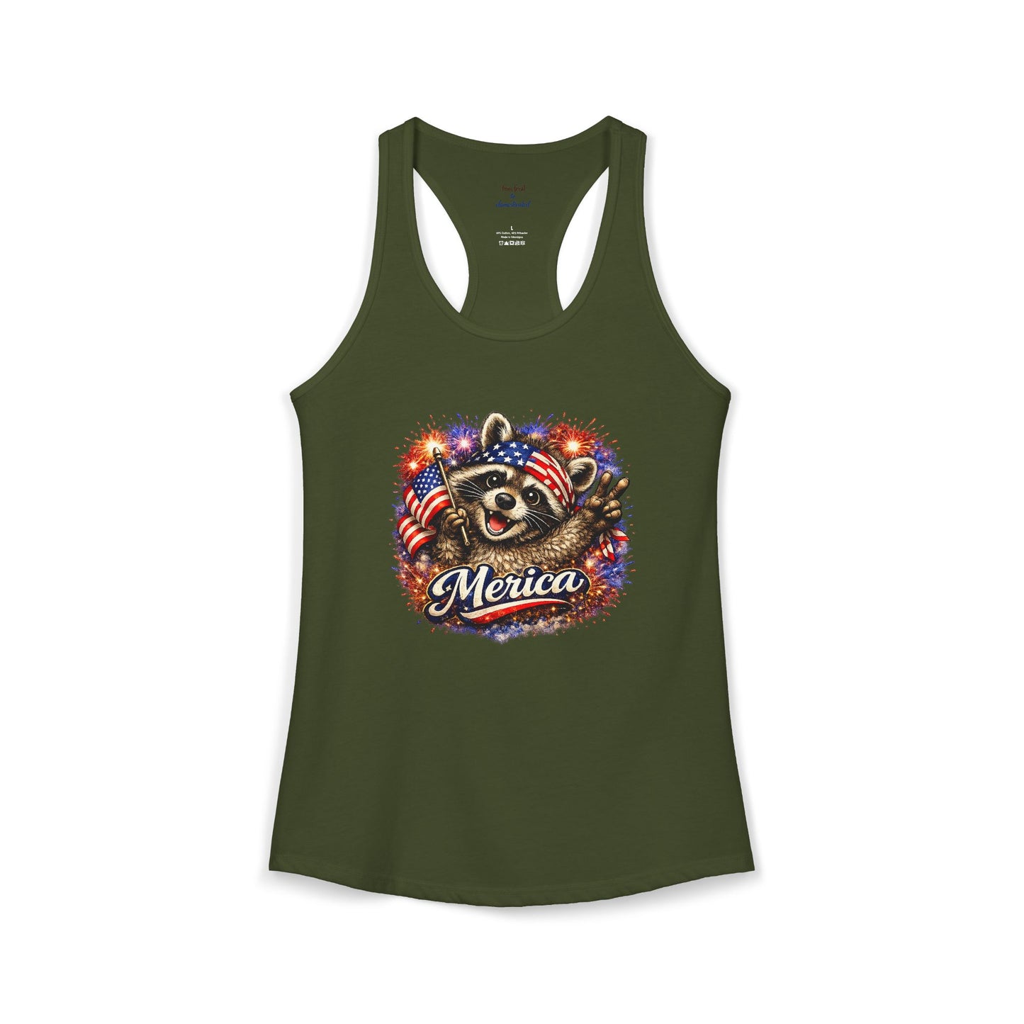 Patriotic Raccoon 4th of July Tank — Raccoon on 250 with Flag & Fireworks Racerback Tank