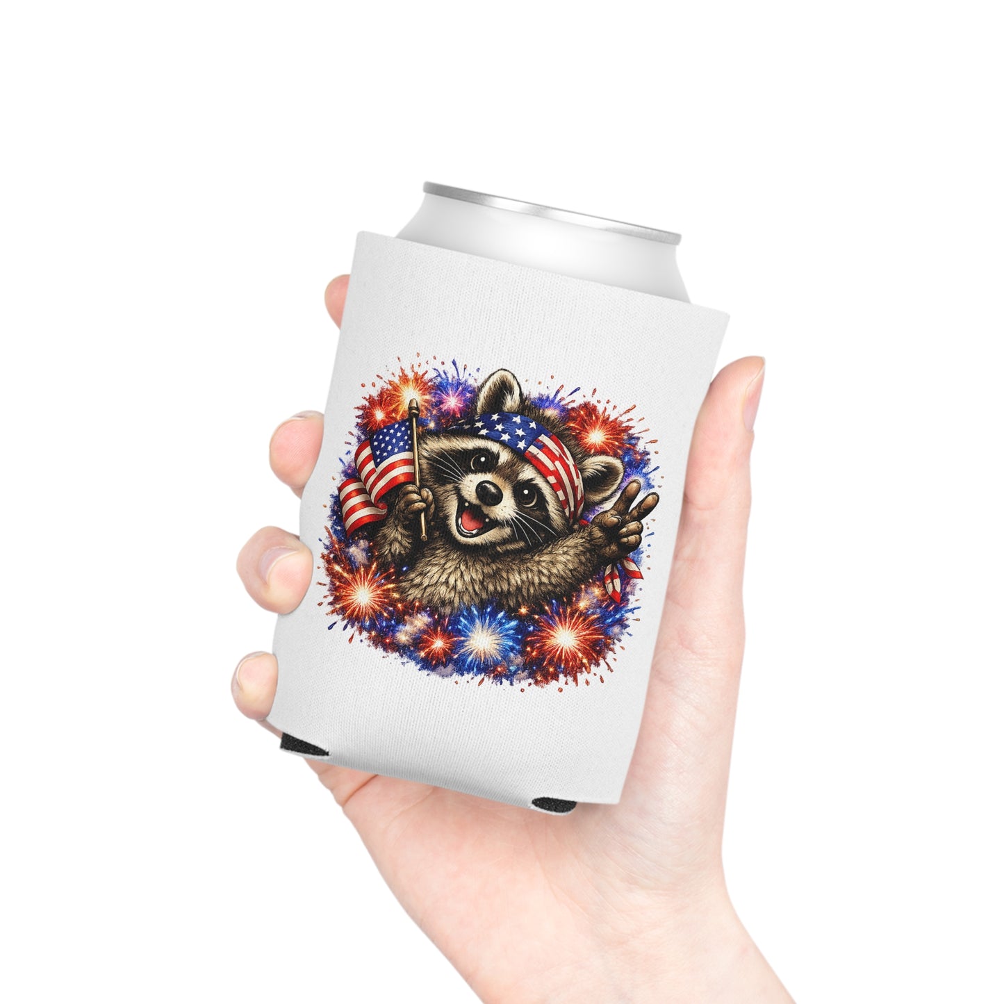 Patriotic Raccoon 250 Can Cooler – USA Flag, 4th of July Drink Koozie