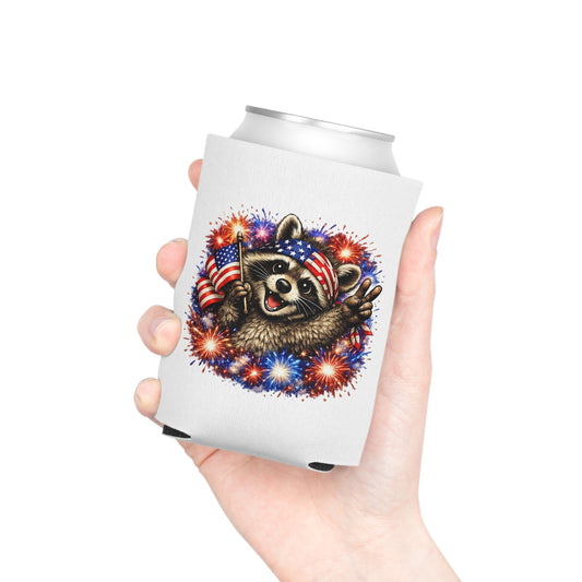 Patriotic Raccoon 250 Can Cooler – USA Flag, 4th of July Drink Koozie