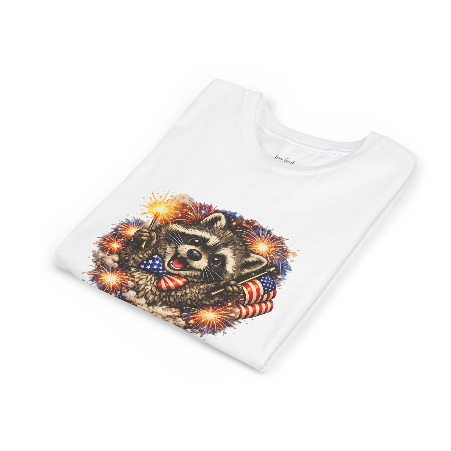 Patriotic Raccoon Youth Tee — Raccoon with American Flag & Fireworks