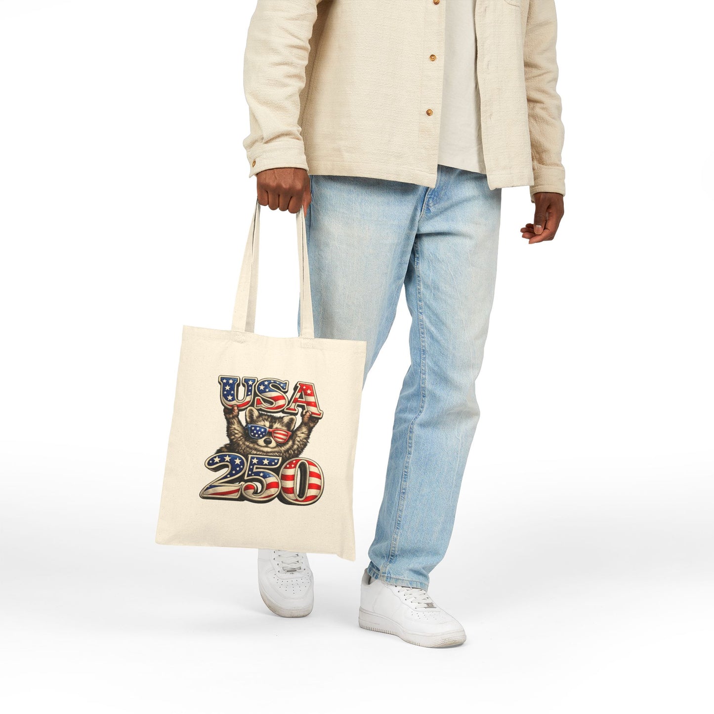 Patriotic Raccoon Fireworks Tote Bag — '250' Canvas Tote for Fourth of July