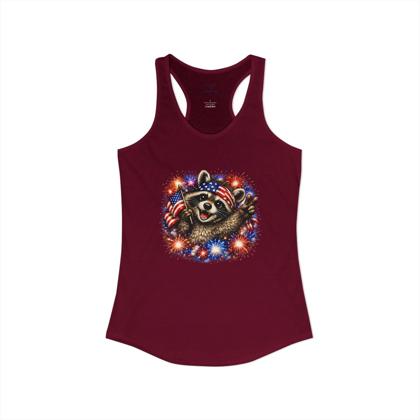 Patriotic Raccoon 4th of July Tank — Raccoon with Flag & Fireworks Racerback Tank