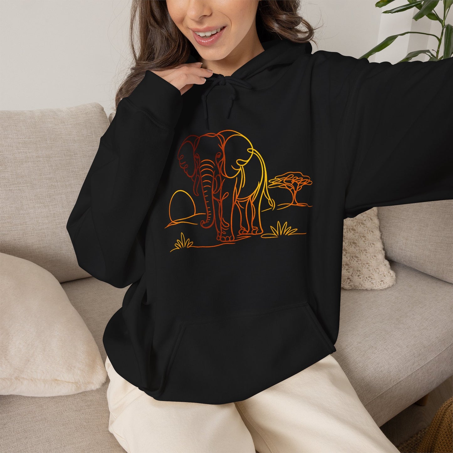 Elephant Sunset Hoodie — Minimal Safari Graphic Hooded Sweatshirt